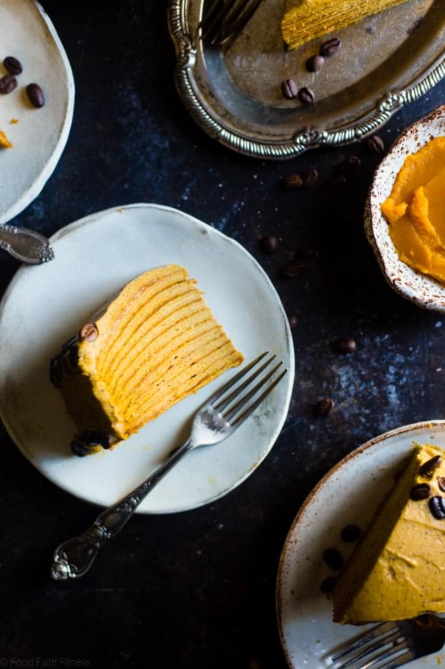 Vegan Pumpkin Spice Latte Crepe Cake - This Vegan Crepe Cake tastes like a pumpkin spice latte with a touch of coconut! It's an impressive, gluten free dessert for the holidays that's under 250 calories a slice! | Foodfaithfitness.com | @FoodFaithFit
