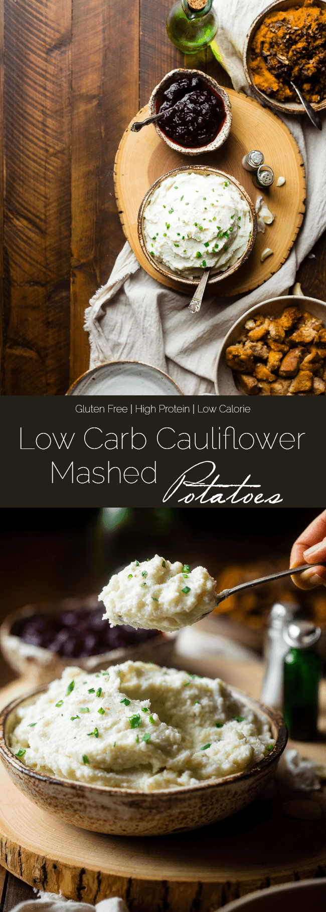 5 Ingredient Cauliflower Mashed Potatoes - These quick and easy, low carb cauliflower mashed potatoes only have 5 ingredients, 62 calories, 1 SmartPoint and use a secret ingredient to pack them with protein! Perfect for a healthy Thanksgiving! | Foodfaithfitness.com | @FoodFaithFit