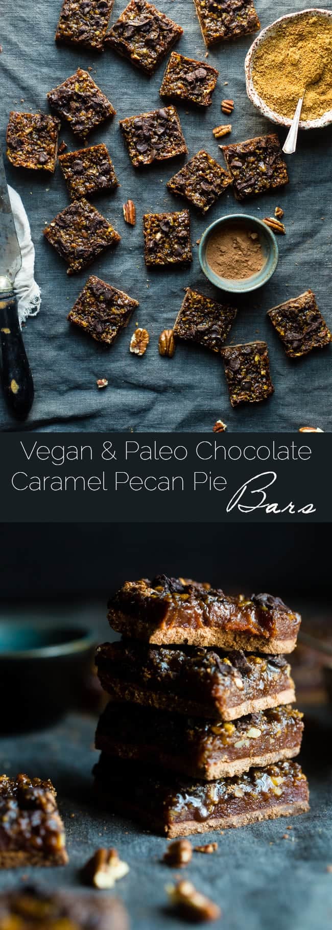 Chocolate Caramel Paleo Pecan Pie Bars - These easy paleo pecan pie bars have a layer of creamy date caramel! They're a vegan friendly and gluten free, healthier dessert for the Holidays! | Foodfaithfitness.com | @FoodFaithFit