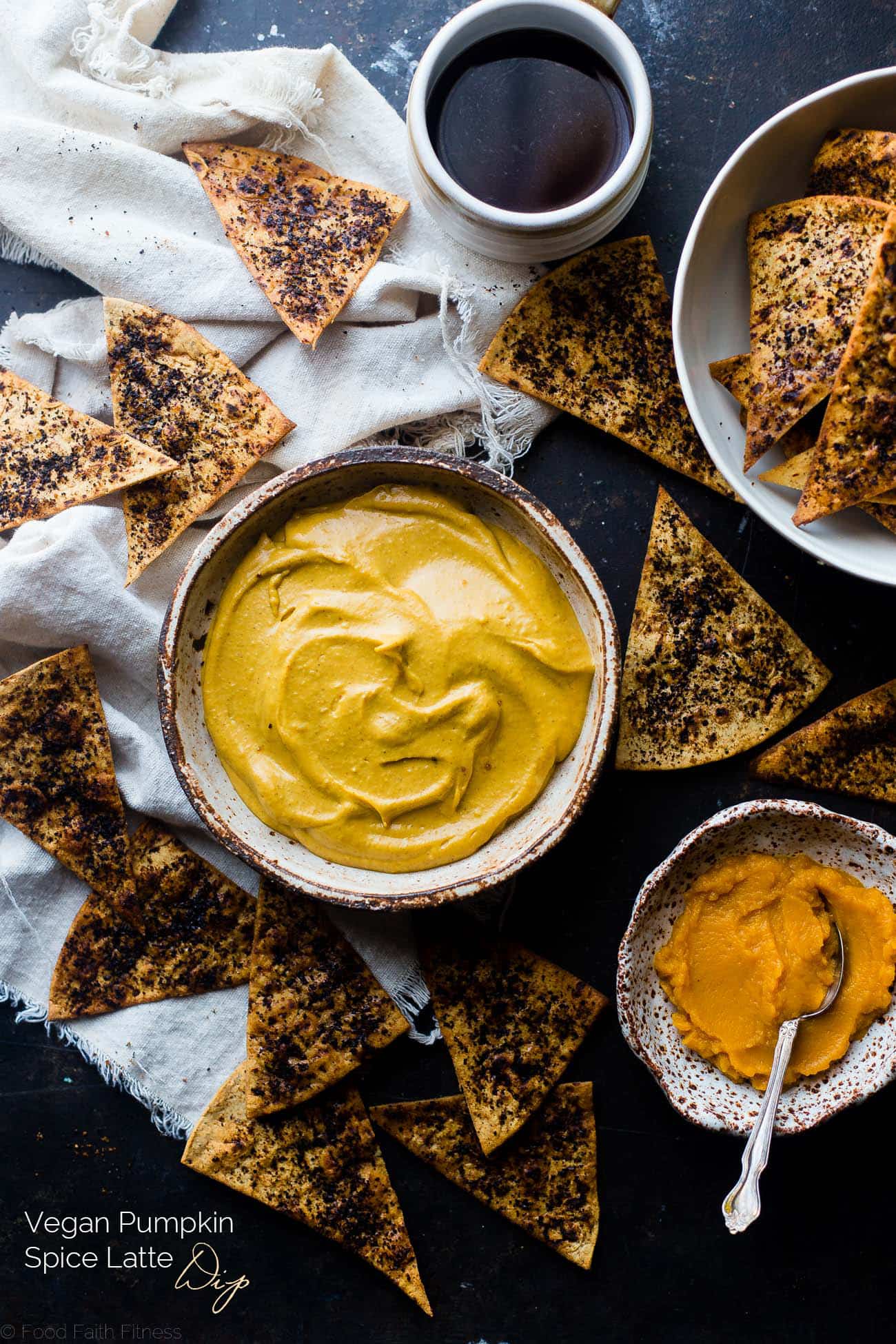 Vegan Pumpkin Spice Latte Dip - This easy healthy pumpkin pie dip is served with baked coffee chips so it tastes like a pumpkin spice latte! It's a healthy holiday dessert that is so simple to make! | Foodfaithfitness.com | @FoodFaithFIt