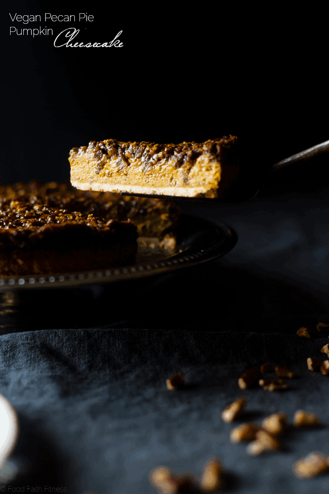 Vegan and Paleo Pecan Pie Pumpkin Cheesecake - A pecan pie filling sits on top of a creamy, pumpkin cheesecake in this show stopping dessert for the holidays! You'll never guess it healthy and gluten/dairy/egg free! | Foodfaithfitness.com | @FoodFaithFit