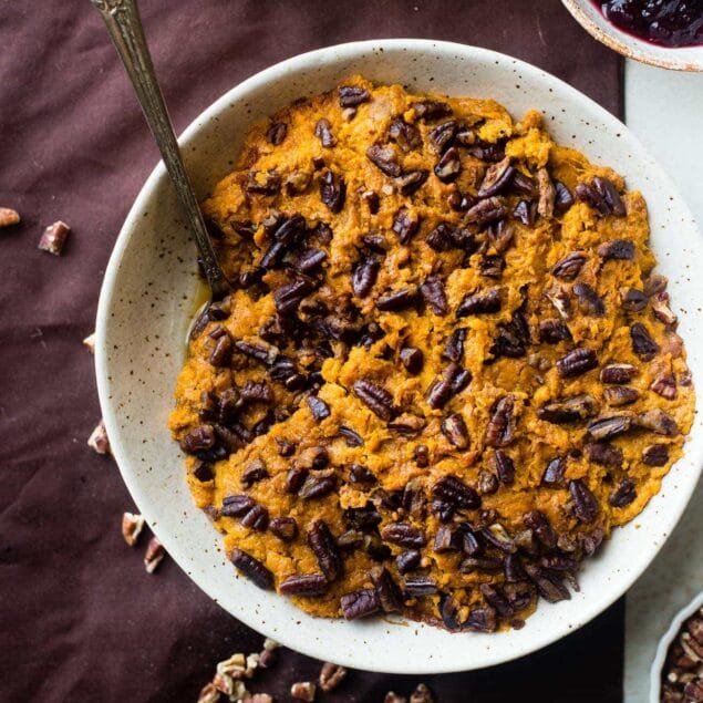 Slow Cooker Paleo Sweet Potato Casserole - Let the slow cooker do all the work for you this Thanksgiving with this quick and easy paleo sweet potato casserole! You won't even miss the marshmallows! | Foodfaithfitness.com | @FoodFaithFit
