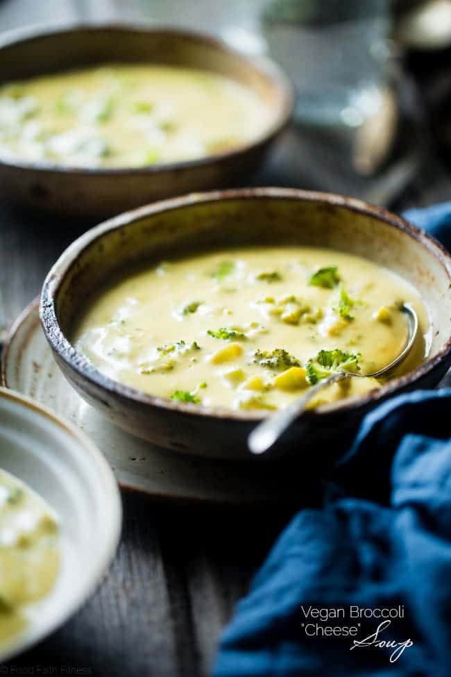7 Ingredient Vegan Broccoli Cheese Soup - SO thick, rich and creamy you would never know it's dairy free, gluten free and healthy! It's ready in only 15 minutes and SO easy to make! | Foodfaithfitness.com | @FoodFaithFit