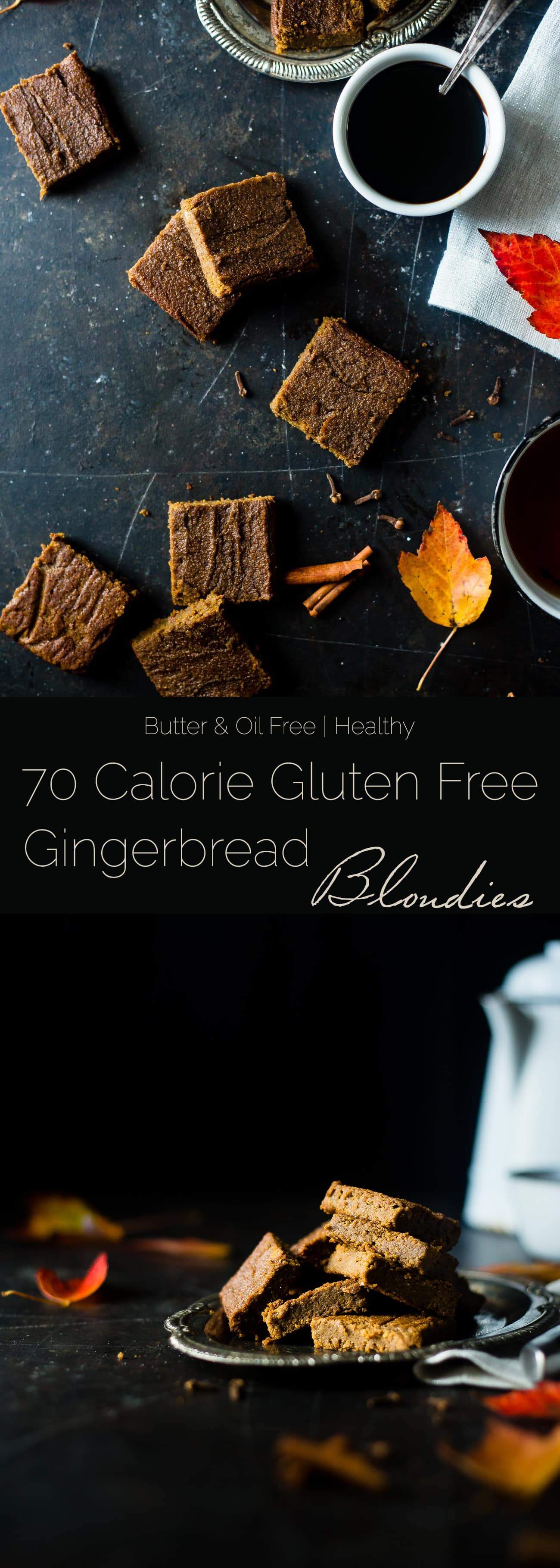 Healthy Gingerbread Blondies - These protein-packed blondies are butter/oil free, gluten free and only 70 calories!  A secret ingredient keeps them SO dense and chewy.  Perfect for Christmas and the Holidays!  |  Foodfaithfitness.com |  @FoodFaithFit