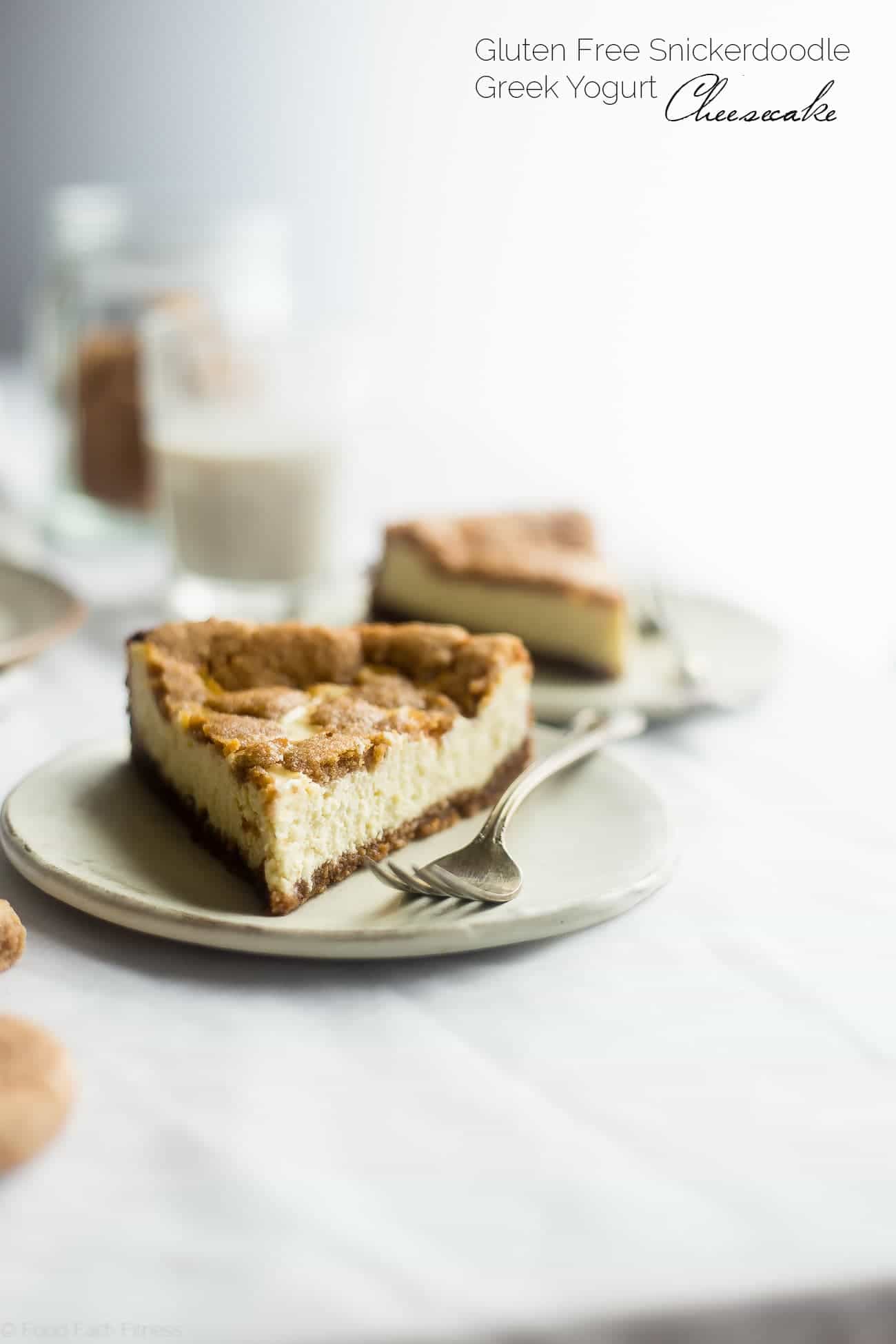 Gluten Free Snickerdoodle Greek Yogurt Cheesecake - This easy, protein-packed cheesecake has a soft and chewy, grain and gluten free snickerdoodle crust! It's a healthier, delicious and festive dessert for the holidays! | Foodfaithfitness.com | @FoodFaithFit