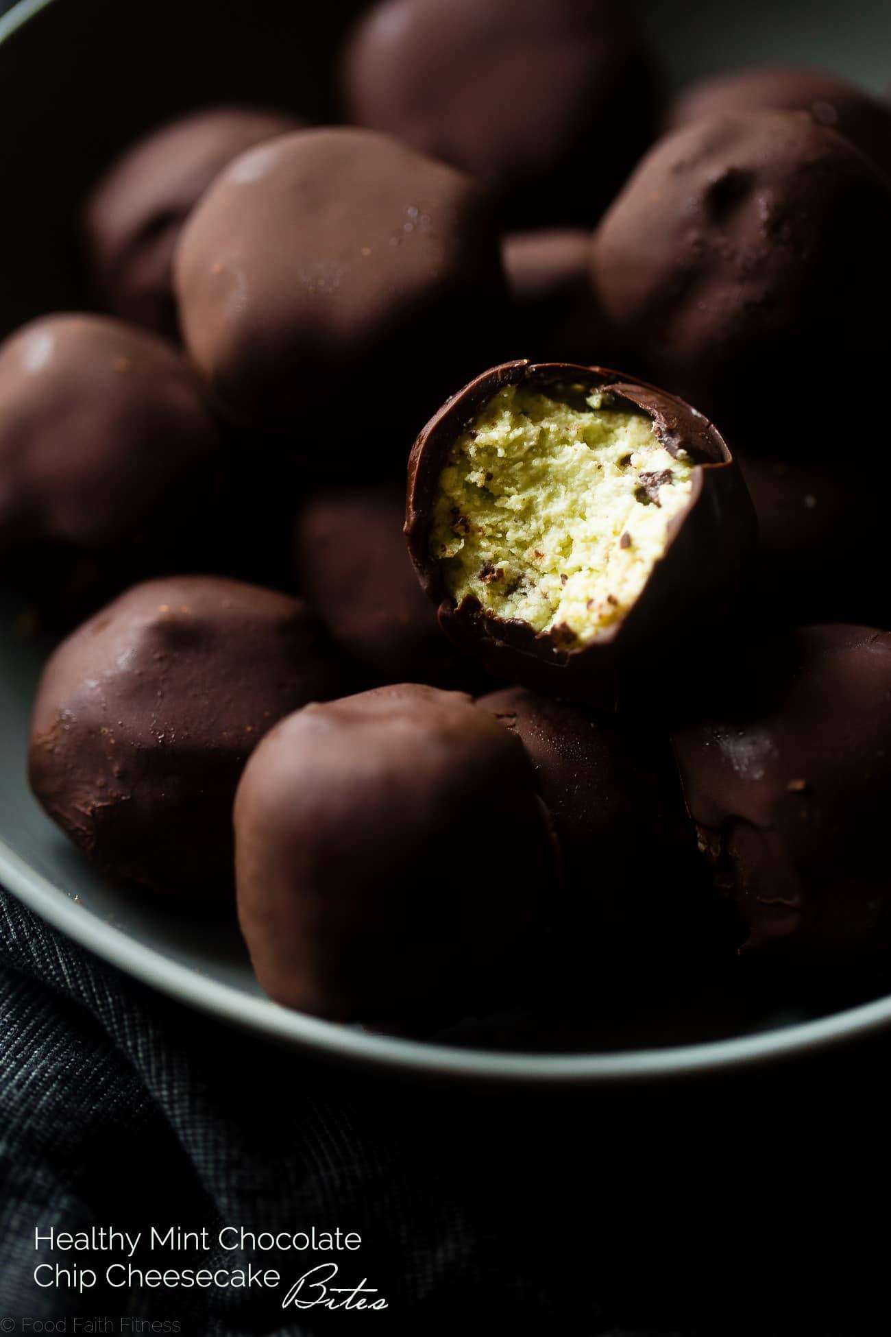 Mint Avocado Cheesecake Truffles - These low carb, protein-packed, creamy cheesecake truffles are covered in chocolate! They're a healthy, gluten free Christmas treat for only 90 calories! | Foodfaithfitness.com | @FoodFaithFit