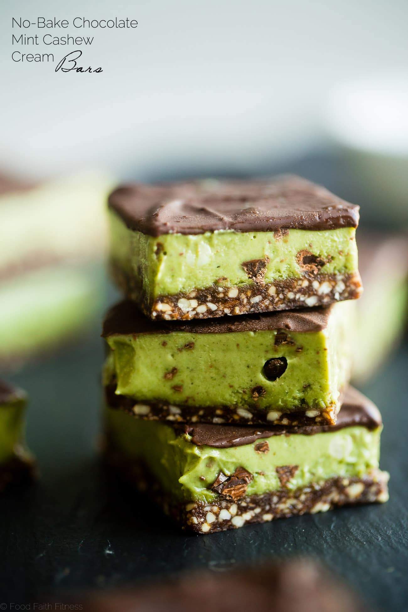 No Bake Mint Chocolate Cashew Cream Bars - These easy mint chocolate cashew cream bars are so creamy and only have 7 ingredients! They're a healthy, vegan and paleo friendly dessert for the holidays! | Foodfaithfitness.com | @FoodFaithFit