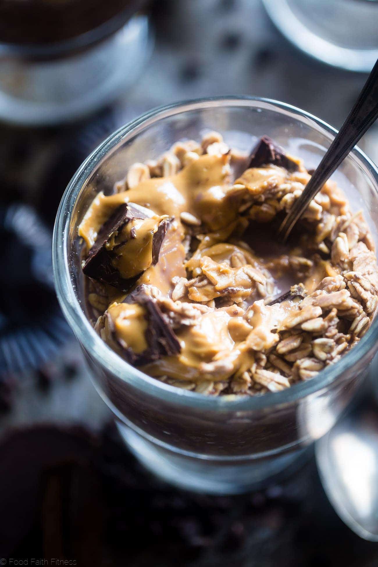 Chocolate Peanut Butter Overnight Oats - These 6-ingredient overnight oats are topped with homemade peanut butter cups! They're an easy, healthy, gluten free and protein-packed make-ahead breakfast! | Foodfaithfitness.com | @FoodFaithFit