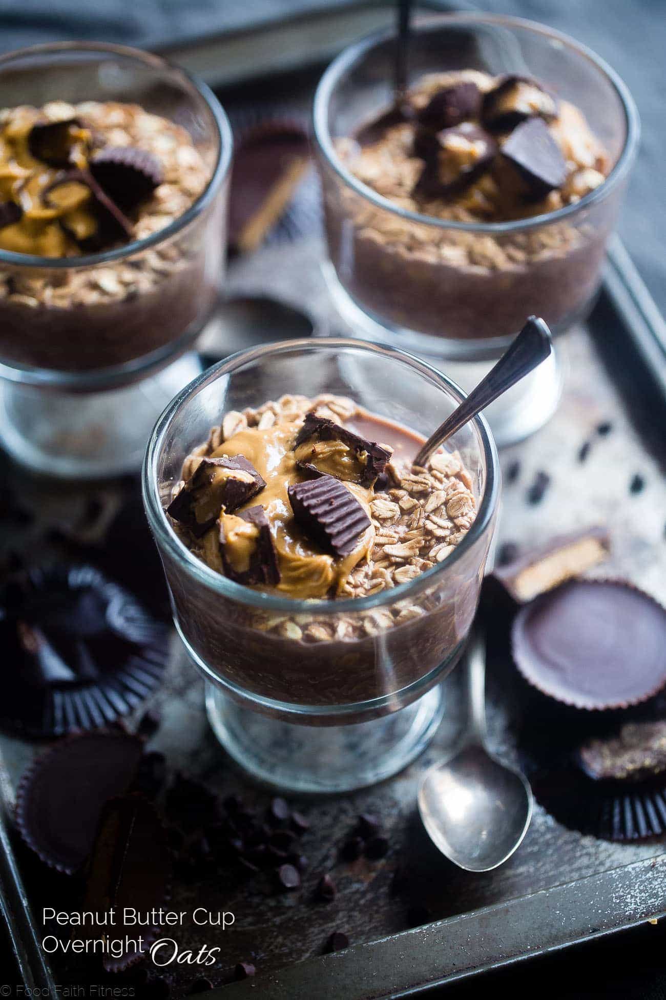 Chocolate Peanut Butter Overnight Oats With Yogurt - These 6-ingredient overnight oats are topped with homemade peanut butter cups! They're an easy, healthy, gluten free and protein-packed make-ahead breakfast! | Foodfaithfitness.com | @FoodFaithFit