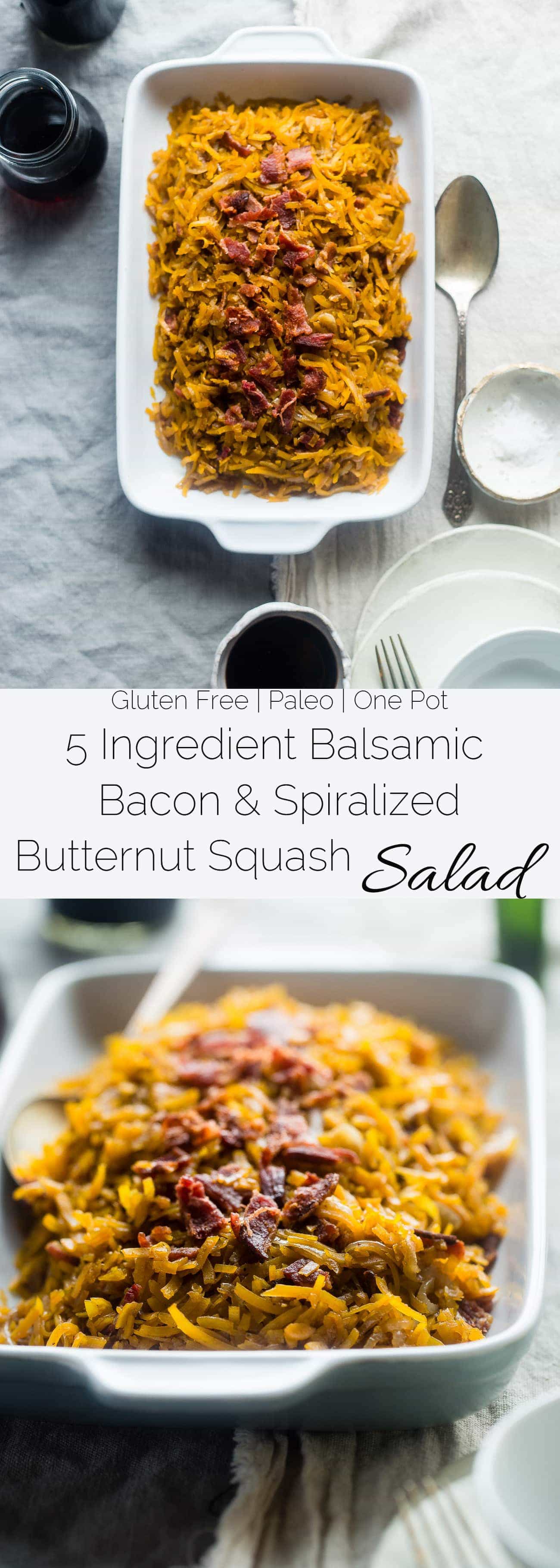 5 Ingredient Bacon Balsamic Butternut Squash Salad - This spiralized butternut squash salad features crispy bacon and a sweet and tangy maple glaze! It's a healthy, paleo friendly side dish with only 5 ingredients! | Foodfaithfitness.com | @FoodFaithFit