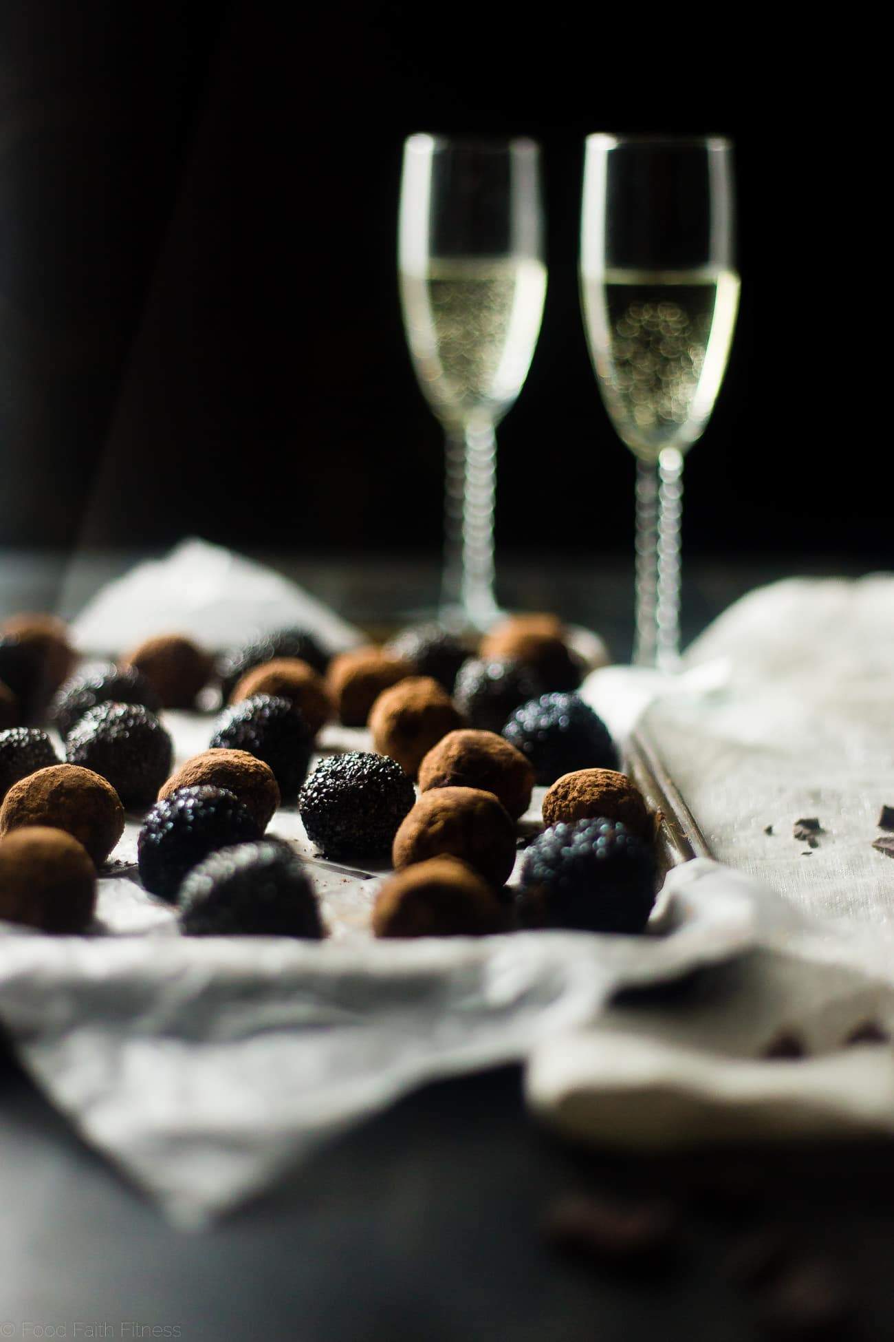 Avocado Vegan Chocolate Truffles with Champagne - These 5 ingredient, vegan truffles use a secret, heart-healthy ingredient to make them so creamy and only 60 calories! A little champagne makes them perfect for New years Eve! | #Foodfaithfitness | #Glutenfree #Vegan #Healthy #Avocado #Truffles