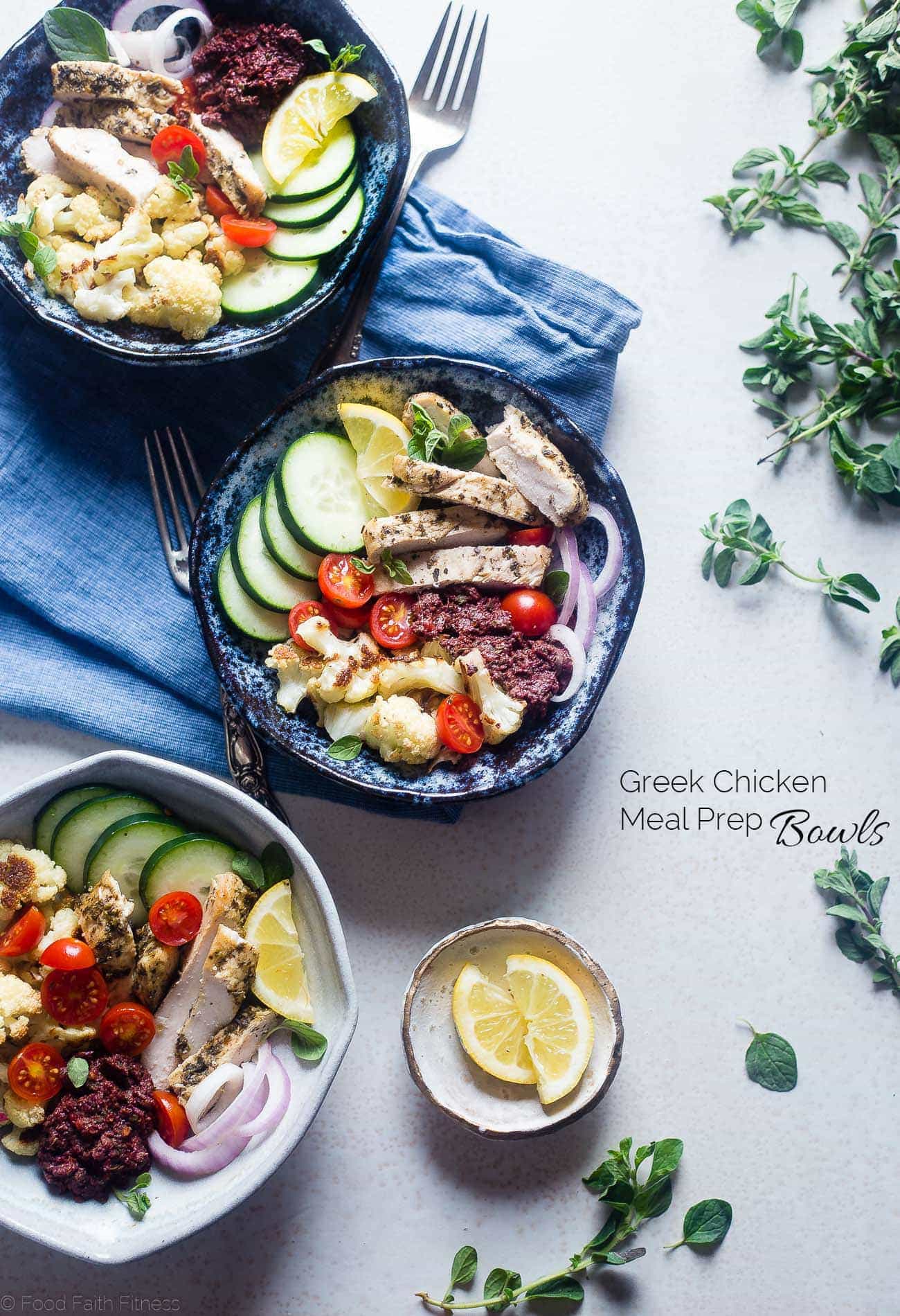 Greek Chicken Meal Prep Bowls - These low carb chicken bowls have roasted cauliflower and an olive tapenade. They're an easy, whole30 compliant, paleo meal that you can prep ahead, and their only 300 calories! | Foodfaithfitness.com | @FoodFaithFit