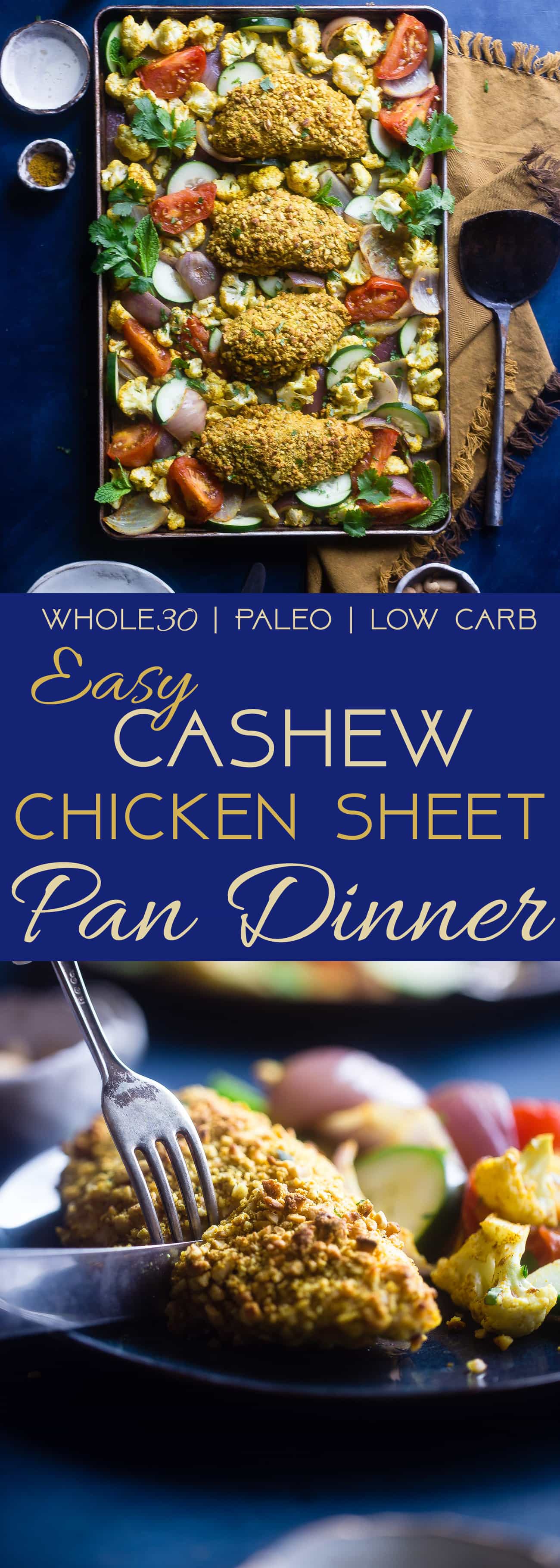 Whole30 Healthy Cashew Chicken Sheet Pan Dinner - This low carb cashew chicken is flavored with curry, and the whole meal is made on one sheet! It's an easy, healthy weeknight meal the whole will love, for under 400 calories! | Foodfaithfitness.com | @FoodFaithFit | easy cashew chicken. keto cashew chicken. sheet pan cashew chicken. best cashew chicken. curry cashew chicken. gluten free cashew chicken. skinny cashew chicken. chicken sheet pan dinner. easy meals. whole30 sheet pan dinner. sheet pan dinner recipes