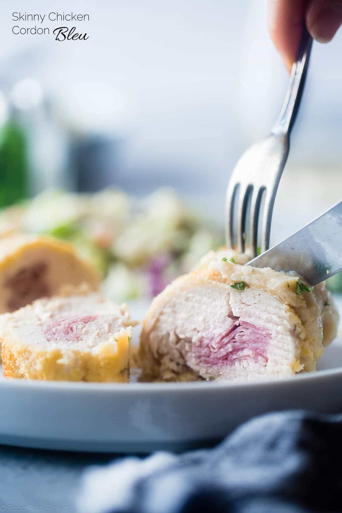 Healthy Baked Chicken Cordon Bleu - This dairy and gluten free chicken cordon bleu has a creamy cauliflower Alfredo sauce instead of cheese! It's an easy, low carb, kid-friendly weeknight meal! | Foodfaithfitness.com | @FoodfaithFit