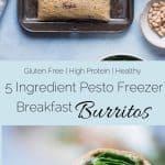Pesto Freezer Breakfast Burritos - These 5 ingredient, gluten free, freezer-friendly breakfast burritos have eggs, chicken sausage and a white bean pesto! They're an easy, healthy make-ahead breakfast for busy mornings! | Foodfaithfitness.com | @FoodFaithFit
