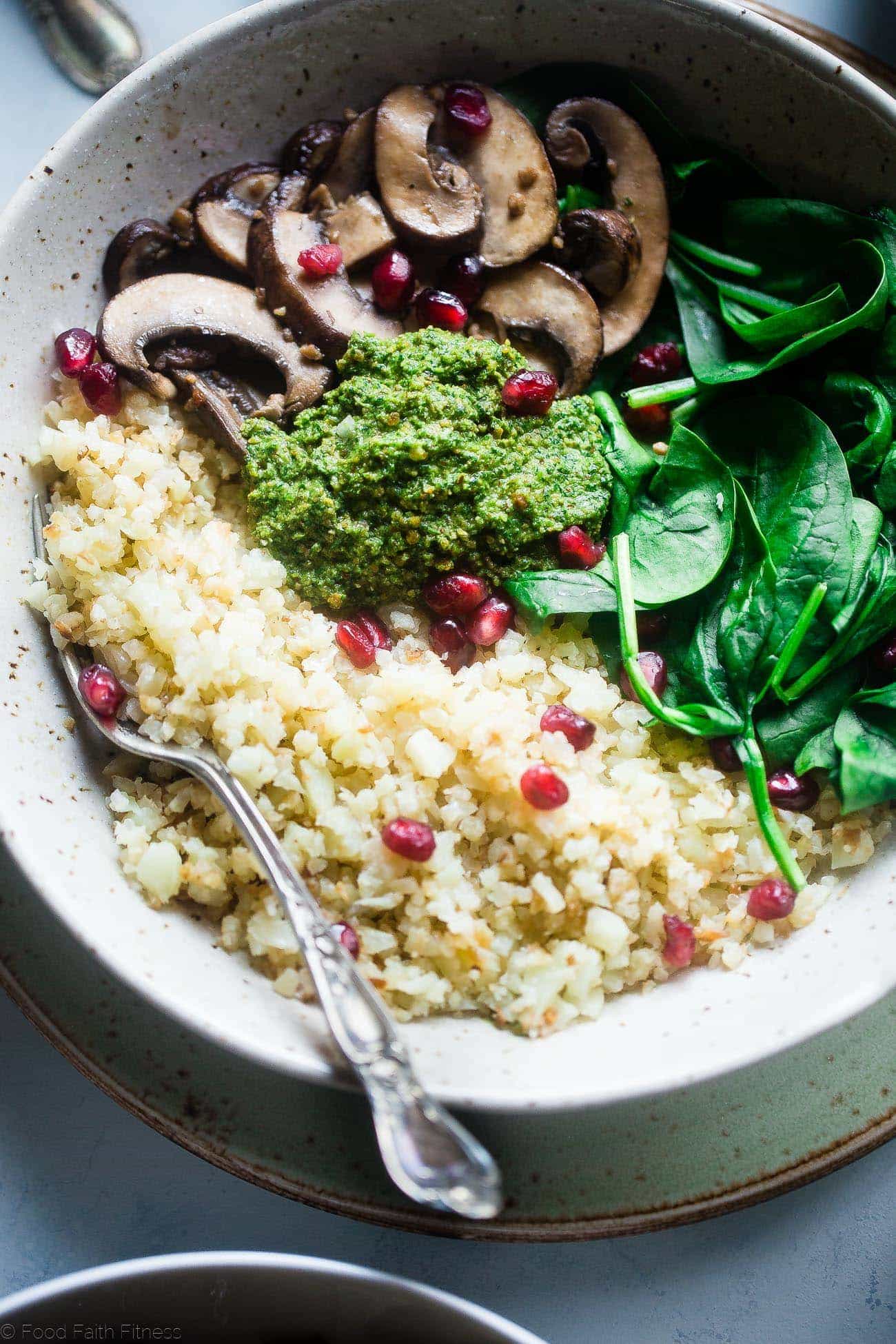 Vegan Detox Cauliflower Bowls - These low carb bowls are packed with veggies and a delicious almond pesto! They're a whole30 compliant, vegan and paleo friendly meal that is only 200 calories! | Foodfaithfitness.com | @ FoodFaithFit