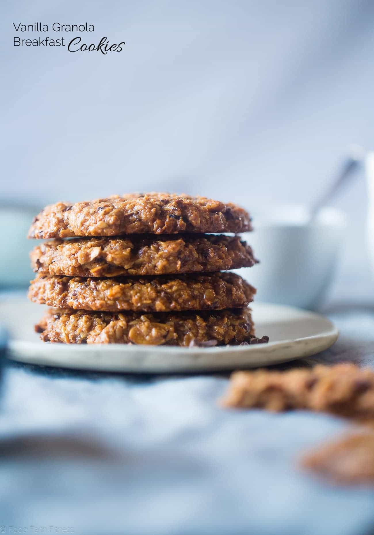 Gluten Free Granola Oatmeal Breakfast Cookies - These kid-friendly healthy breakfast cookies use granola for added crunch! They're gluten and egg free, made in one bowl and are great for busy mornings! | Foodfaithfitness.com | @FoodFaithFit