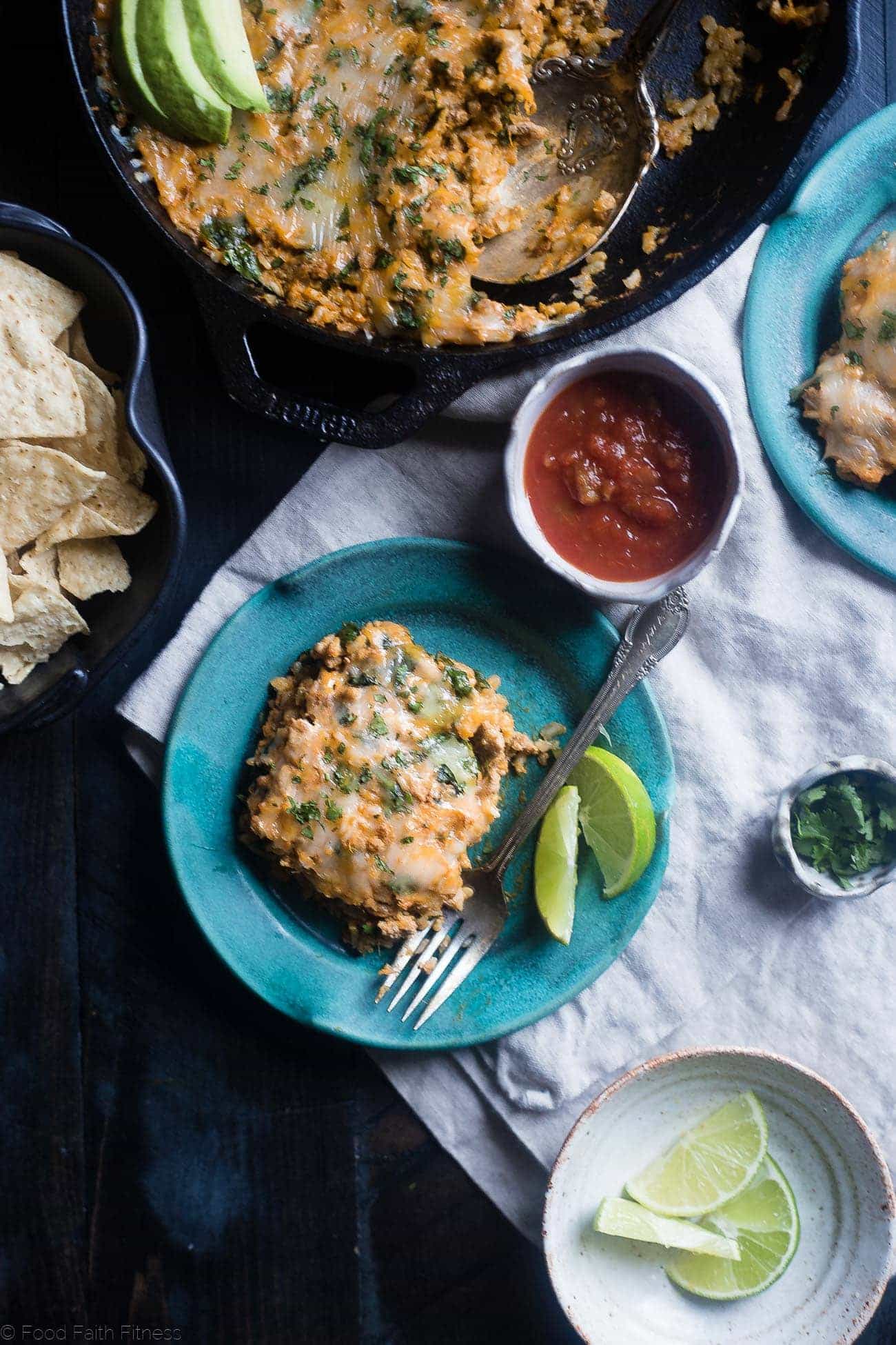 One Pot Mexican Chicken Rice Casserole - This chicken Mexican rice casserole uses sweet potato for extra creaminess! It's a healthy, whole grain, 8 ingredient dinner for busy weeknights that is only 330 calories! | Foodfaithfitness.com | @FoodFaithFit