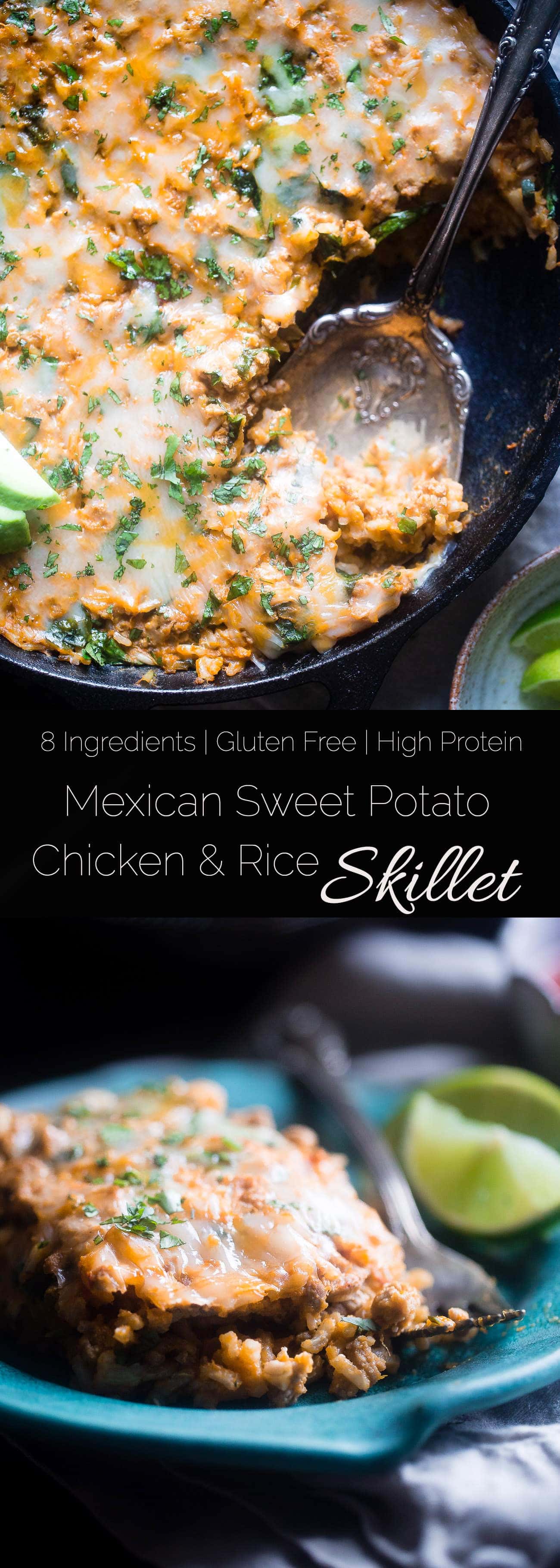 One Pot Mexican Chicken Rice Casserole - This chicken Mexican rice casserole uses sweet potato for extra creaminess! It's a healthy, gluten free, 8 ingredient dinner for busy weeknights that is only 330 calories! | Foodfaithfitness.com | @FoodFaithFit