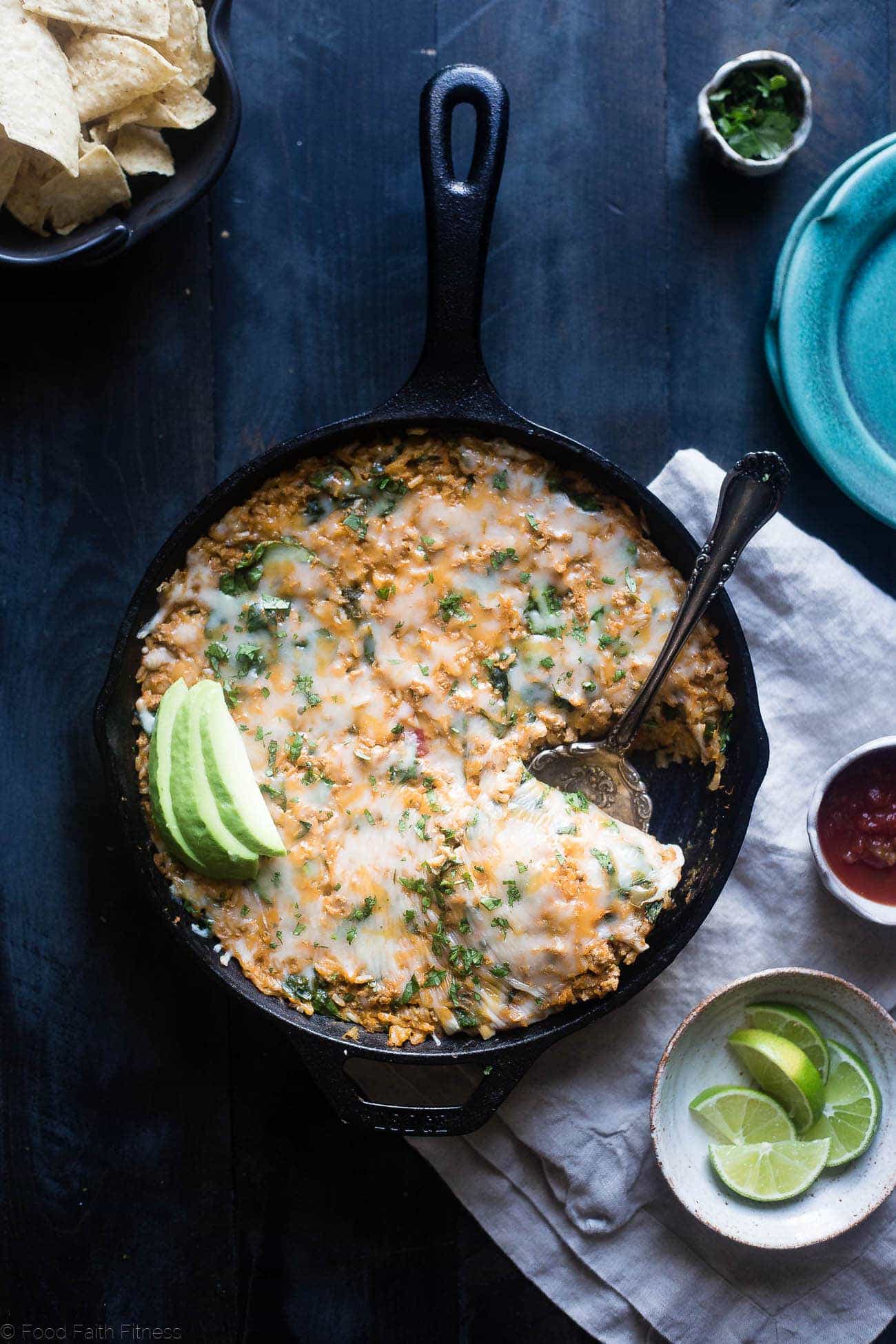 One Pot Mexican Chicken Rice Casserole - This chicken Mexican rice casserole uses sweet potato for extra creaminess! It's a healthy, gluten free, 8 ingredient dinner for busy weeknights that is only 330 calories! | Foodfaithfitness.com | @FoodFaithFit