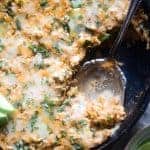 One Pot Mexican Chicken Rice Casserole - This chicken Mexican rice casserole uses sweet potato for extra creaminess! It's a healthy, protein packed, 8 ingredient dinner for busy weeknights that is only 330 calories! | Foodfaithfitness.com | @FoodFaithFit