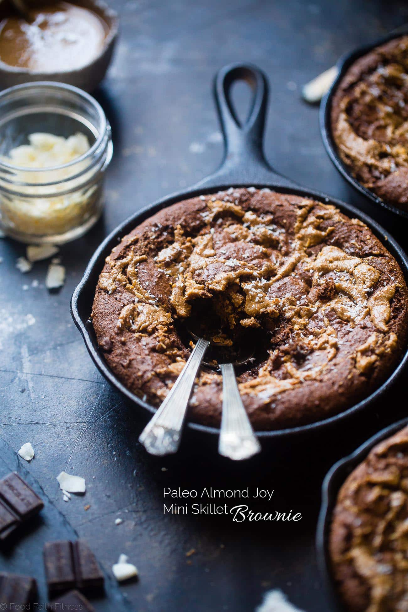 Gluten Free "Almond Joy" Skillet Brownies - These rich, fudgy coconut almond skillet brownies are made in one bowl! They're a paleo friendly, healthier dessert that everyone will love! | Foodfaithfitness.com | @FoodFaithFit