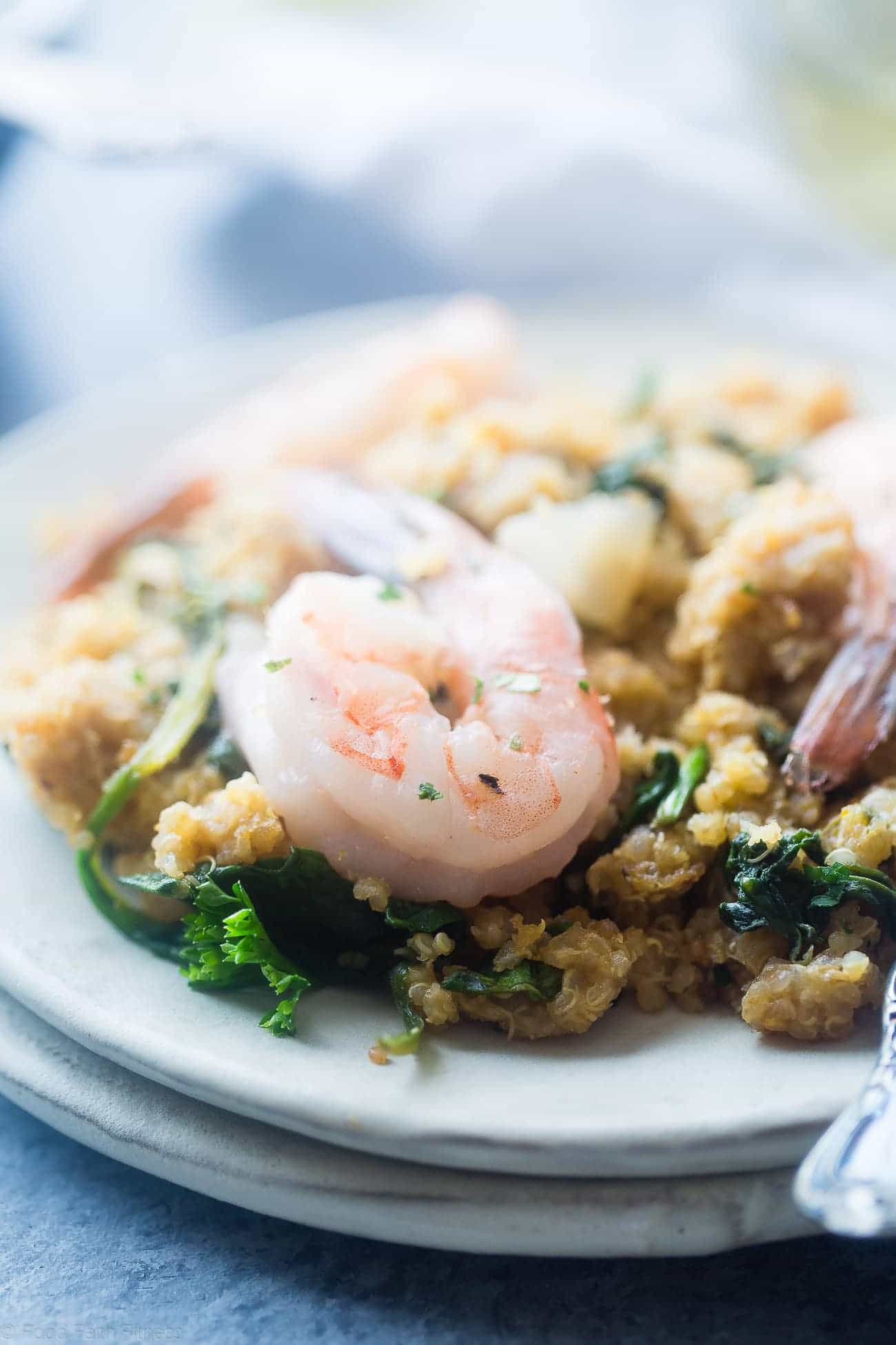 Slow Cooker Garlic Butter Shrimp and Quinoa - This easy, 7 ingredient weeknight dinner is made in the slow cooker! It's a healthy, sugar free and protein packed meal that the whole family will love! | Foodfaithfitness.com | @FoodFaithFit