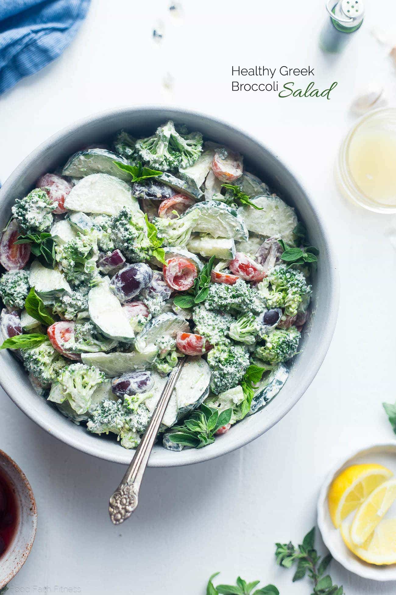 Greek Healthy Broccoli Salad - This low carb, raw broccoli salad is so creamy you'll never know it's vegan, paleo and whole30 compliant! It's an easy side dish that's perfect for spring potlucks! | Foodfaithfitness.com | @FoodFaithFit