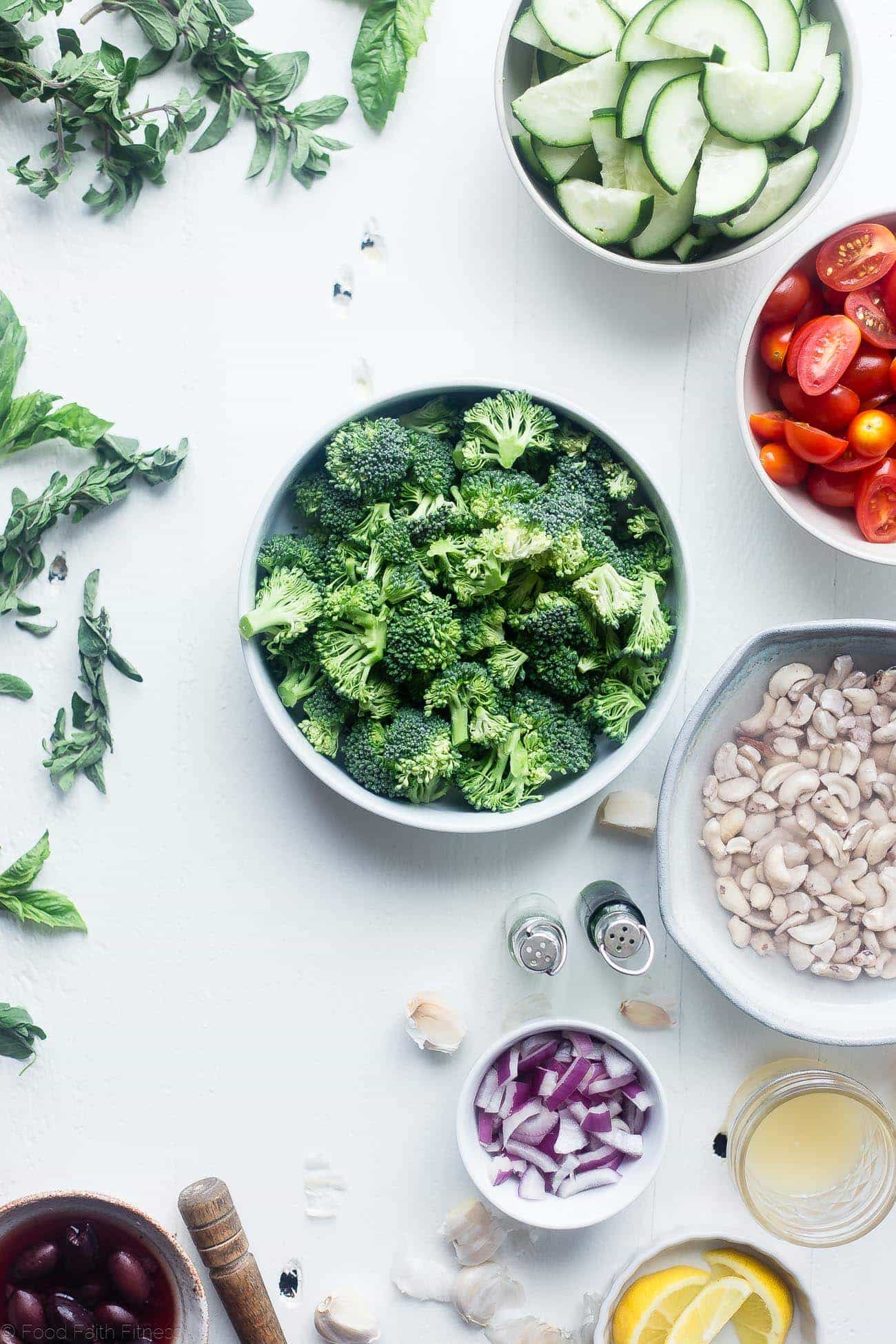 Greek Vegan Broccoli Salad - This low carb, raw broccoli salad is so creamy you'll never know it's vegan, paleo and whole30 compliant! It's an easy side dish that's perfect for spring potlucks! | Foodfaithfitness.com | @FoodFaithFit