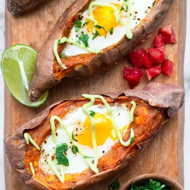 stuffed baked sweet potatoes with eggs and cilantro