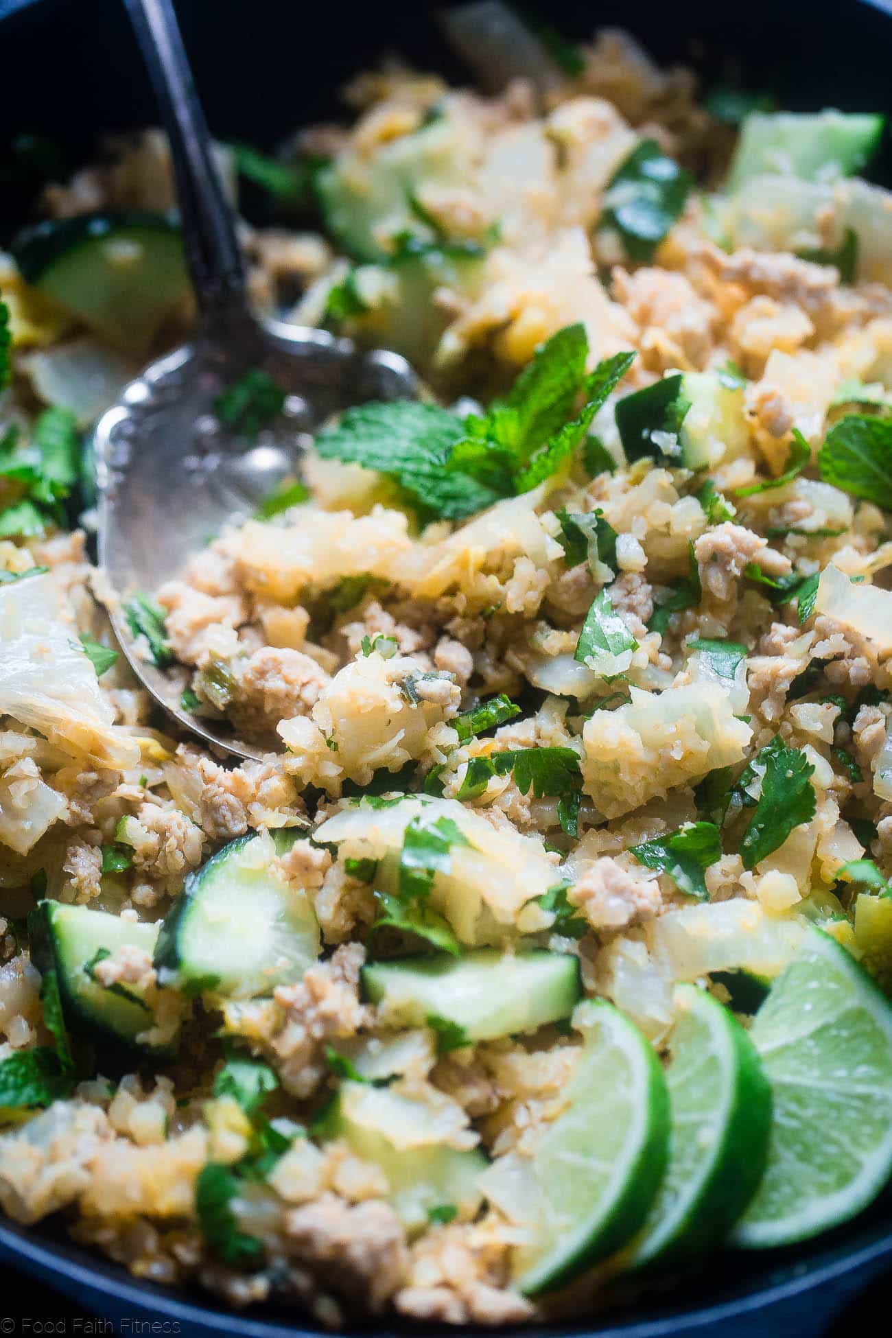 Larb Gai Thai Chicken Skillet - This easy, one pot dinner has all the flavors of Larb Gai, but in a healthy, low carb and whole30 approved weeknight dinner that is only 200 calories! | Foodfaithfitness.com | @FoodFaithFit