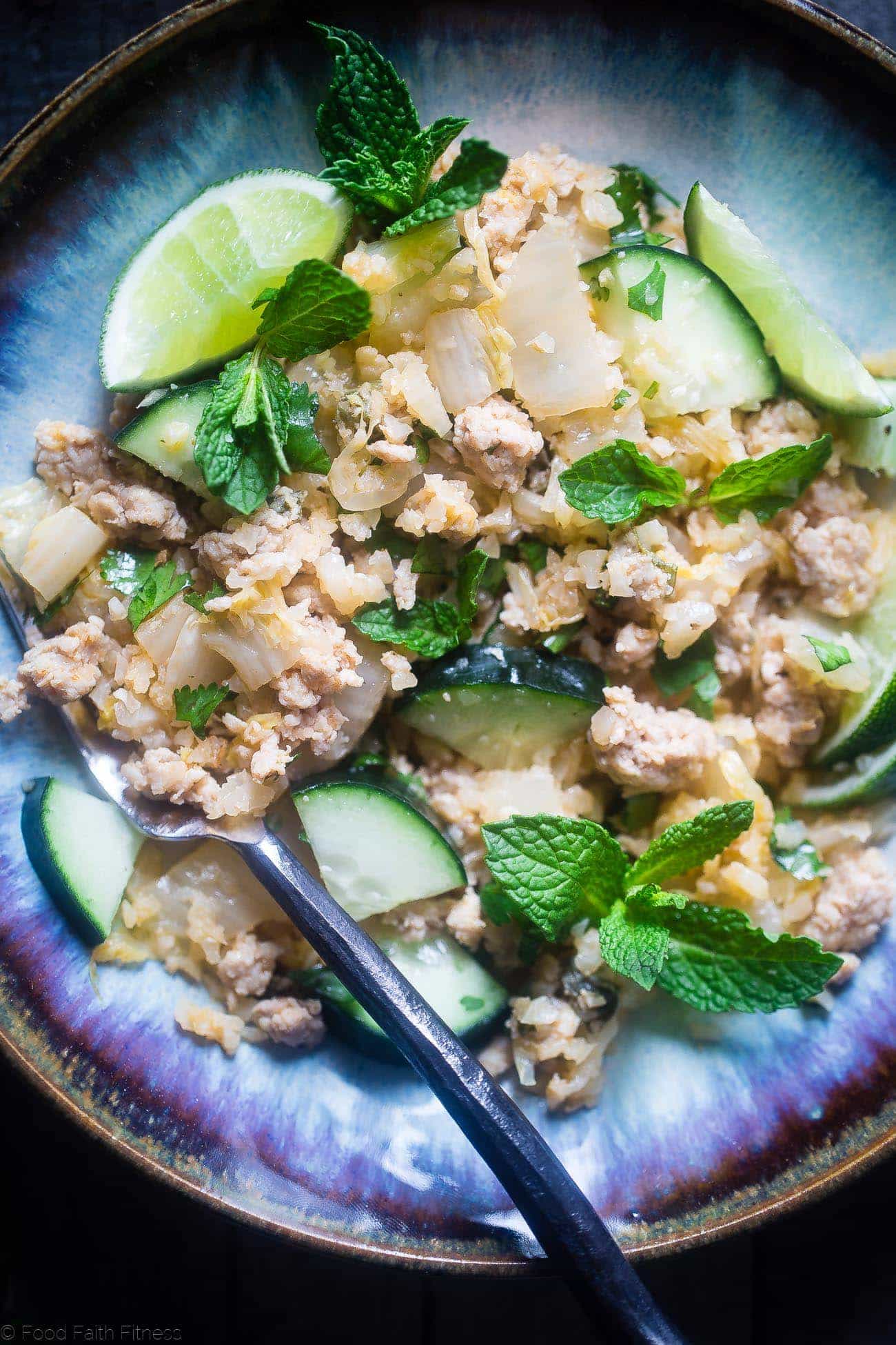 Larb Gai Thai Chicken Skillet - This easy, one pot dinner has all the flavors of Larb Gai, but in a healthy, low carb and whole30 approved weeknight dinner that is only 200 calories! | Foodfaithfitness.com | @FoodFaithFit