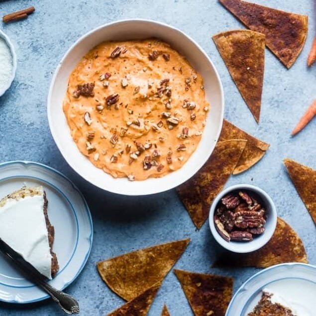 Vegan Carrot Cake Dip with Spice Chips - Switch up your Easter dessert with some easy vegan carrot cake dip! It's a healthy, gluten free dessert that everyone will love! | Foodfaithfitness.com | @FoodFaithFit