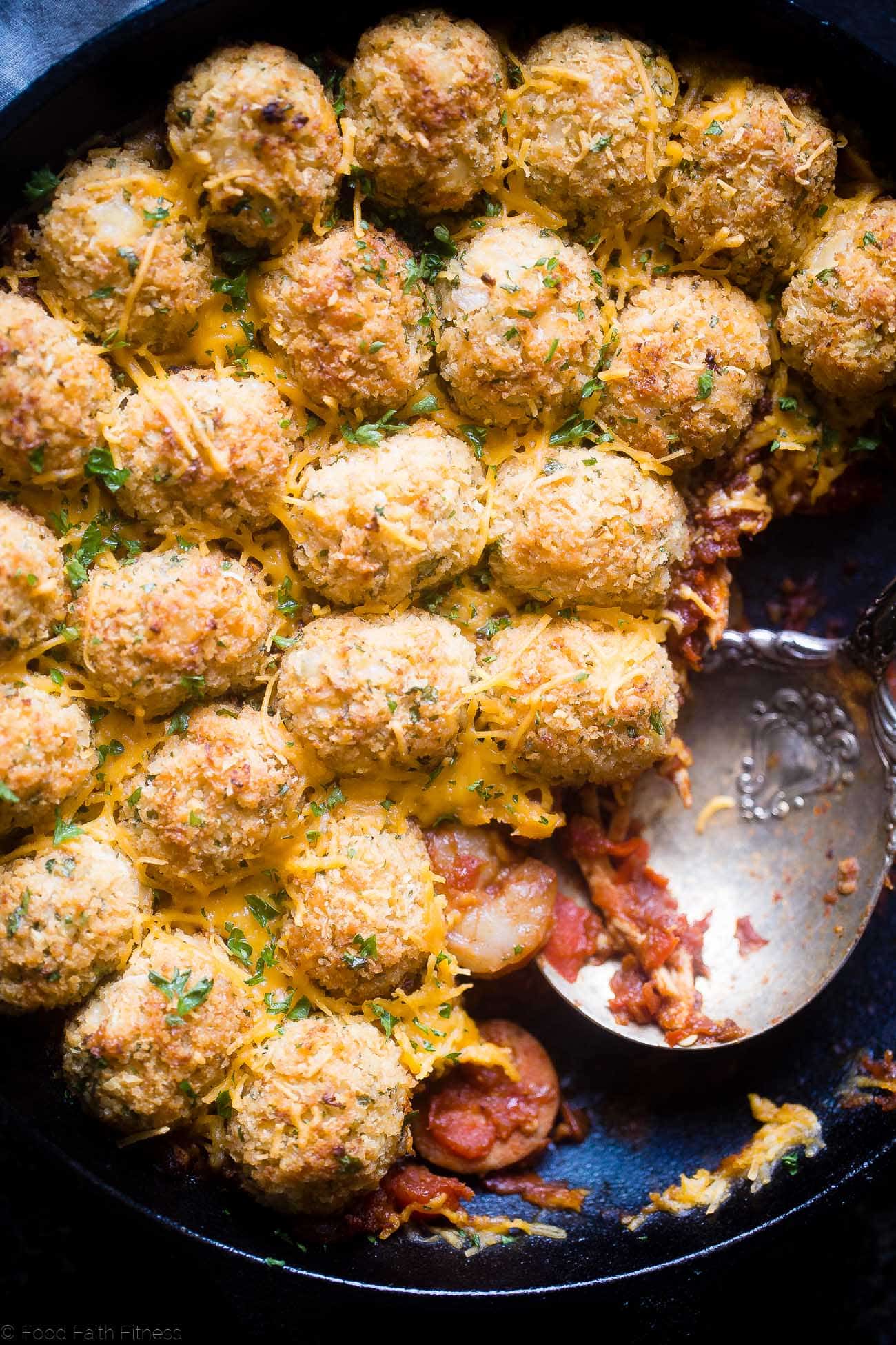 Cajun Cauliflower Tot Casserole - This lower carb, cheesy casserole is made of spicy, Cajun cauliflower tater tots! It's a healthy, gluten free weeknight dinner that the whole family will love! | Foodfaithfitness.com | @FoodFaithFit