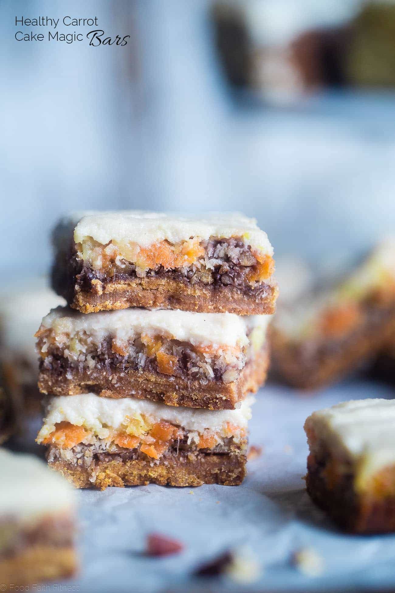 Carrot Cake Paleo Magic Cookie Bars - These easy paleo and vegan magic cookie bars taste like the carrot cake except in gluten, grain and dairy free form - complete with frosting! A healthy dessert for Easter! | Foodfaithfitness.com | @FoodFaithFit