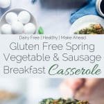 Gluten Free Spring Veggie Sausage Breakfast Casserole - This easy, overnight gluten free breakfast casserole is loaded with seasonal veggies and is only 175 calories! Perfect for Easter or spring brunches! | Foodfaithfitness.com | @FoodFaithFit