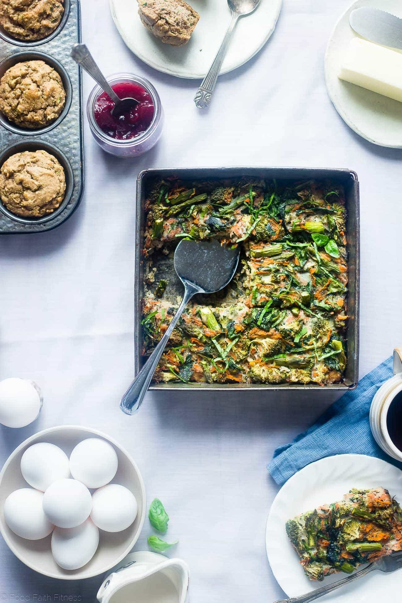 Gluten Free Spring Veggie Sausage Breakfast Casserole - This easy, overnight gluten free breakfast casserole is loaded with seasonal veggies and is only 175 calories! Perfect for spring brunches! | Foodfaithfitness.com | @FoodFaithFit