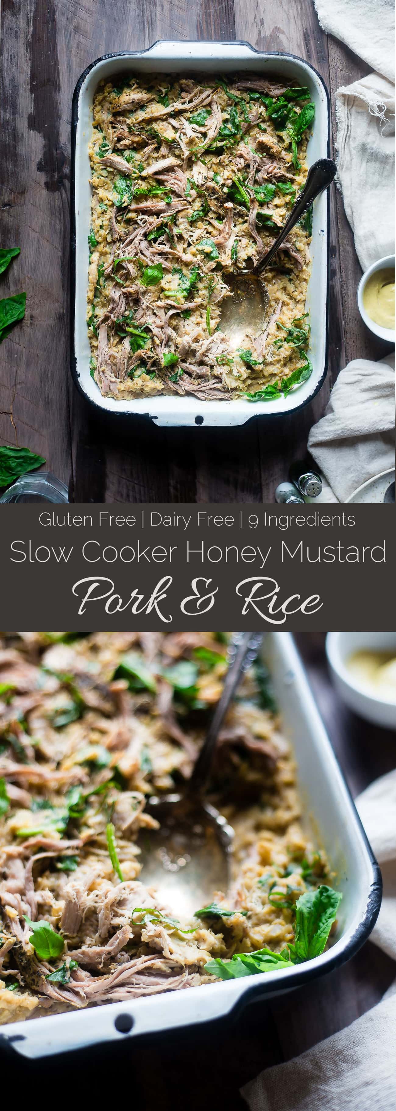 Slow Cooker Honey Mustard Pork and Rice - Let the slow cooker do the work for you with this healthy honey mustard slow cooker pork loin and rice that's gluten free, under 10 ingredients and so easy! | Foodfaithfitness.com | @FoodFaithFit