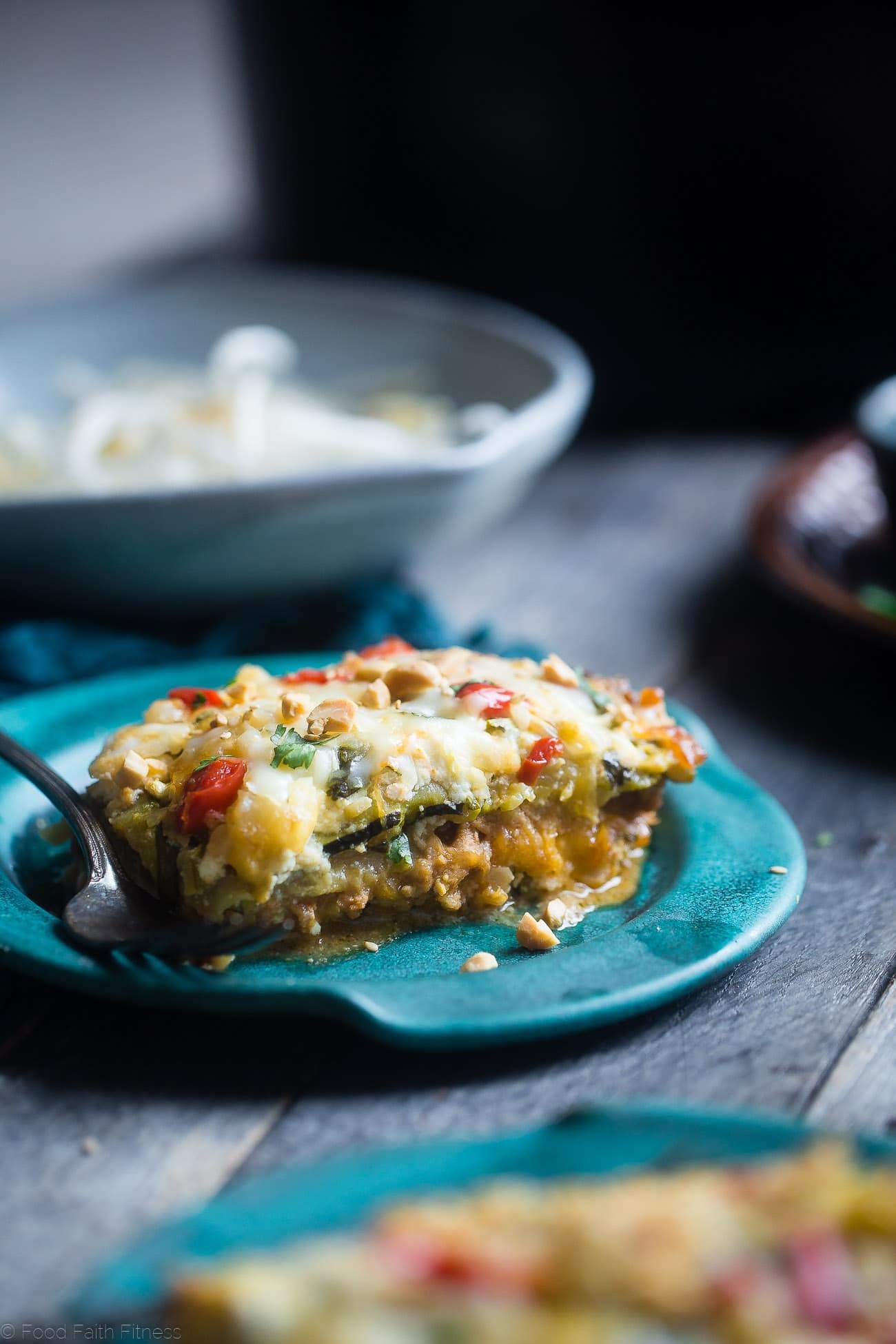 Thai Slow Cooker Zucchini Lasagna - This freezer-friendly zucchini lasagna is made in the slow cooker, and has a Thai peanut twist! It's a healthy, low carb and gluten free weeknight meal that the family will love! | Foodfaithfitness.com | @FoodFaithFit