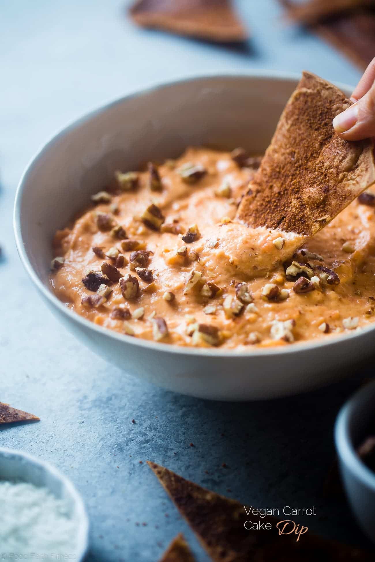 Vegan Carrot Cake Dip with Spice Chips - Switch up your Easter dessert with some easy vegan carrot cake dip! It's a healthy, gluten free dessert that everyone will love! | Foodfaithfitness.com | @FoodFaithFit