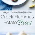 Vegan Hummus Greek Potato Bites - These healthy, vegan Greek potato bites are the perfect party food or snack! They taste like Greek salad and are gluten and dairy free! | Foodfaithfitness.com | @FoodFaithFit