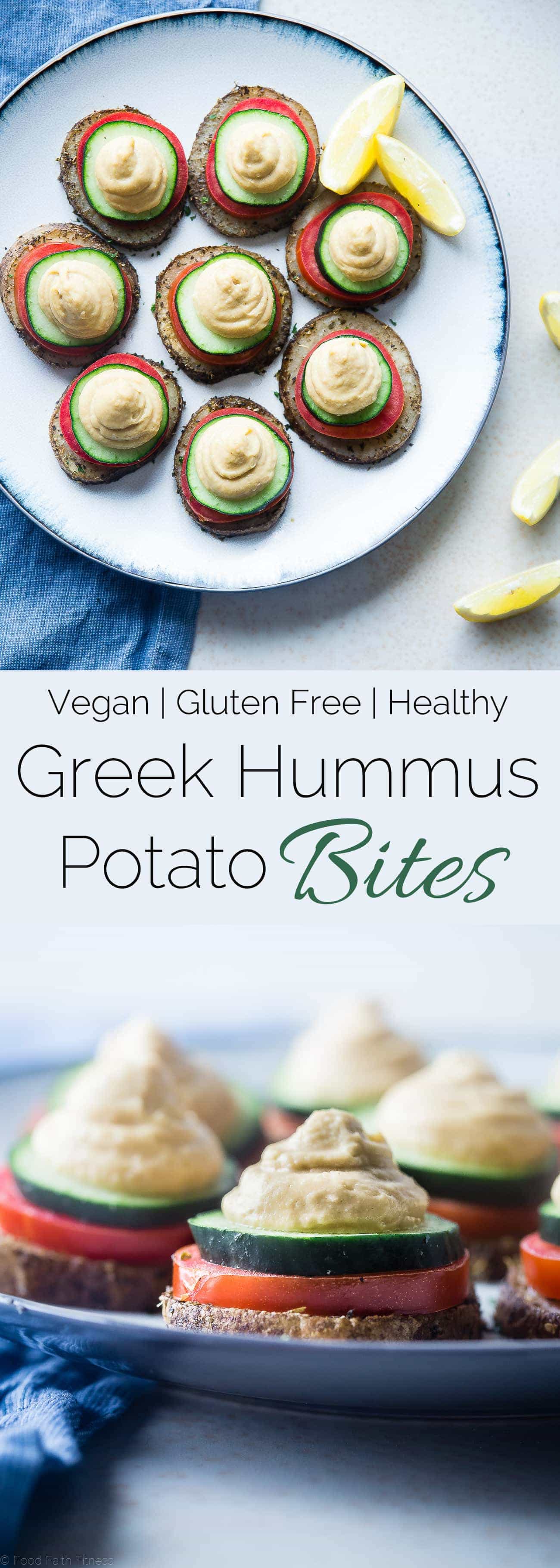 Vegan Hummus Greek Potato Bites - These healthy, vegan Greek potato bites are the perfect party food or snack! They taste like Greek salad and are gluten and dairy free! | Foodfaithfitness.com | @FoodFaithFit