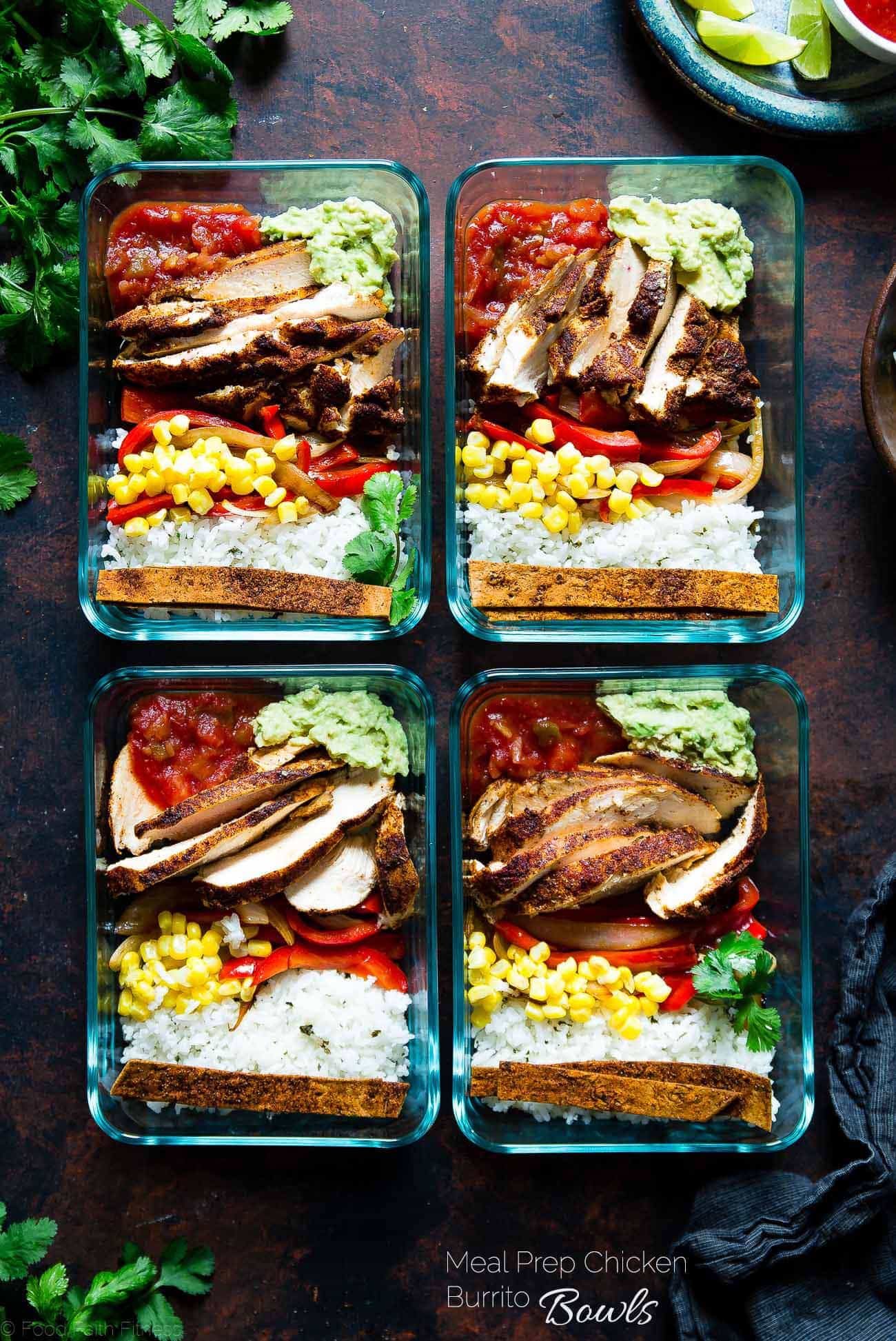 Meal Prep Chicken Burrito Bowls - This healthy, gluten free chicken burrito bowl recipe can be made ahead of time, so it's ready to go for busy days. It's an easy, dairy-free delicious desk lunch option! | Foodfaithfitness.com | @FoodFaithFit