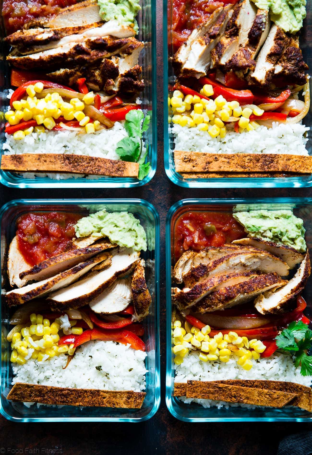 Meal Prep Chicken Burrito Bowls - This healthy, gluten free chicken burrito bowl recipe can be made ahead of time, so it's ready to go for busy days. It's an easy, dairy-free delicious desk lunch option! | Foodfaithfitness.com | @FoodFaithFit