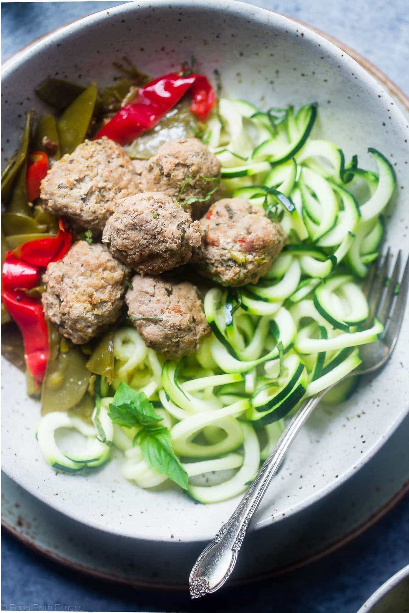 Easy Paleo Italian Meatballs in the Instant Pot - This low carb paleo meatball recipe tastes like pasta primavera! They're a healthy, gluten free and paleo spring meal for only 300 calories! | Foodfaithfitness.com | @FoodFaithFit