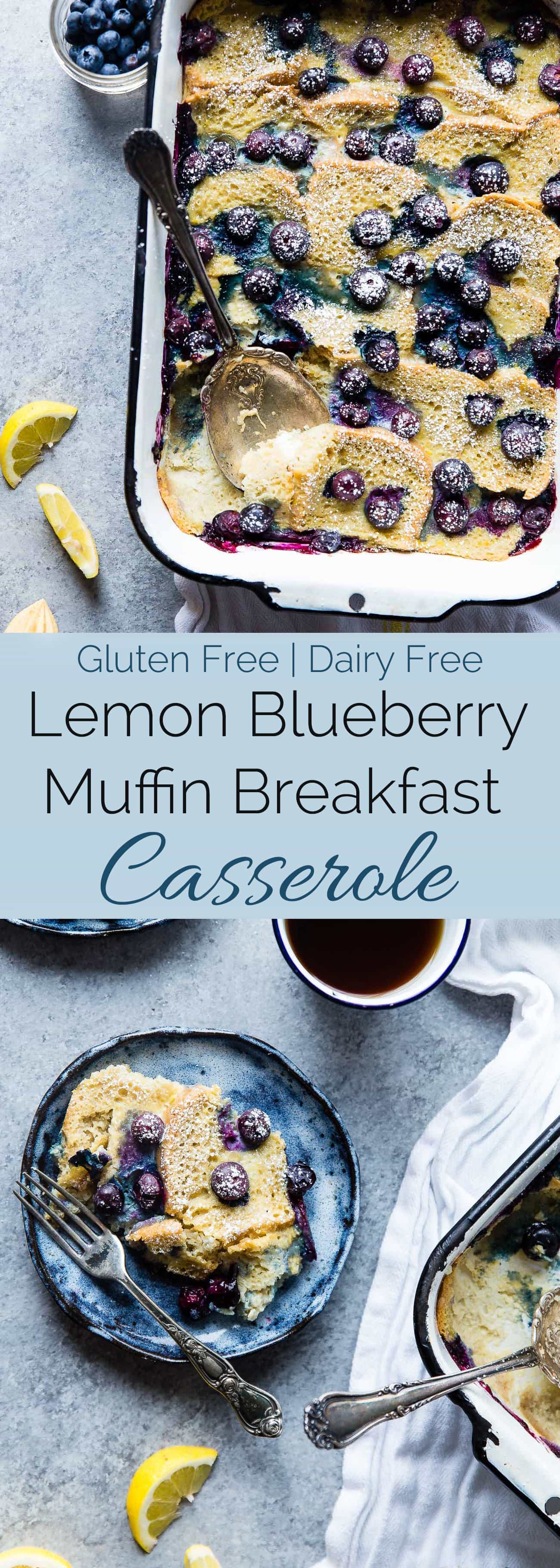Gluten Free Lemon Blueberry Muffin Breakfast Casserole - This muffin gluten free breakfast casserole is a creative way to use your muffins, and is only 5 ingredients and 200 calories! Perfect for spring brunch or Mother's Day! | Foodfaithfitness.com | @FoodFaithFit