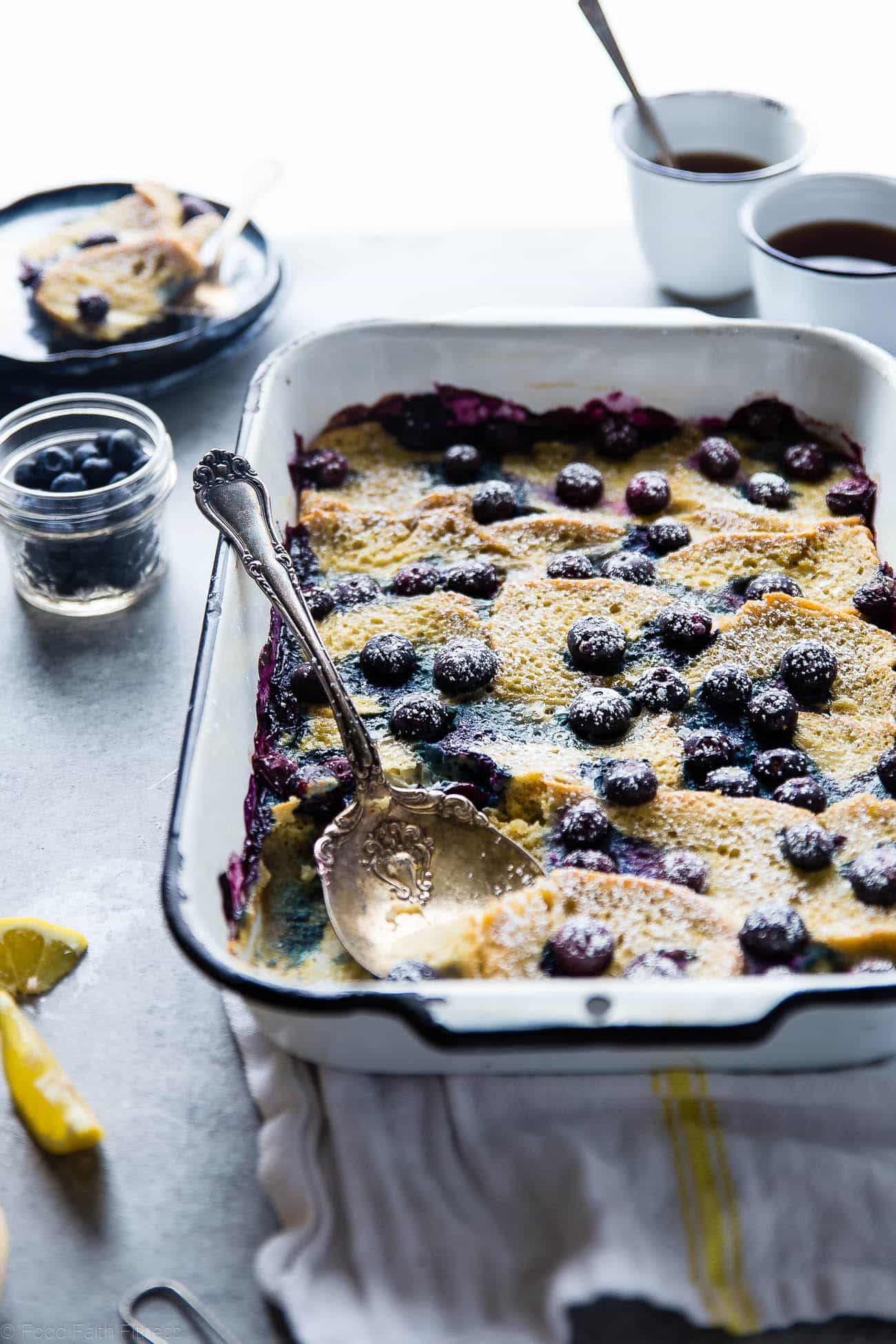 Gluten Free Lemon Blueberry Muffin Breakfast Casserole - This muffin gluten free breakfast casserole is a creative way to use your muffins, and is only 5 ingredients and 200 calories! Perfect for spring brunch or Mother's Day! | Foodfaithfitness.com | @FoodFaithFit