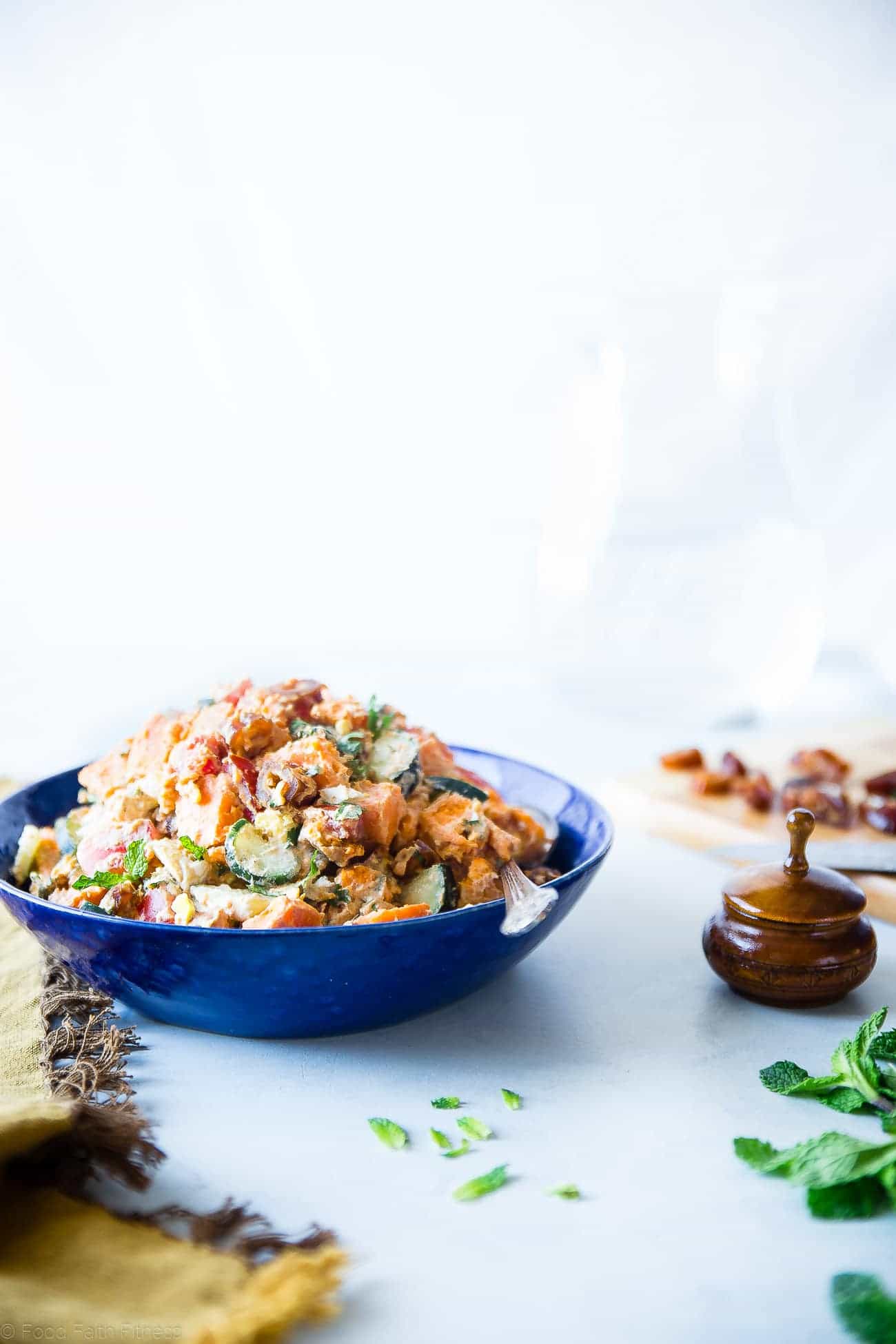 Whole30 Moroccan Sweet Potato Salad - This easy paleo Moroccan Sweet Potato Salad is loaded with the spicy-sweet flavor of the Middle-East! It's a healthy, dairy-free summer side dish with a vegan option! | Foodfaithfitness.com | @FoodFaithFit