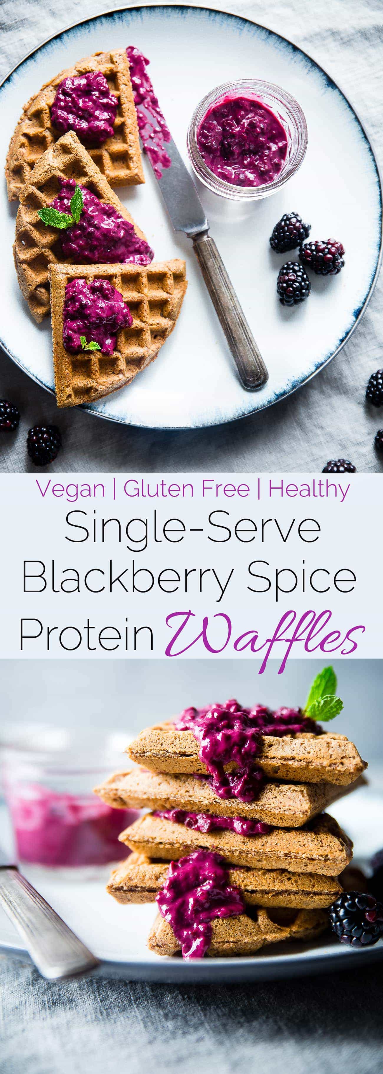 Single Serve Vegan Protein Waffles - These gluten free waffles are ready in only 10 minutes and are packed with healthy, plant-based protein! Top them with blackberry sauce for a delicious breakfast! | Foodfaithfitness.com | @FoodFaithFit