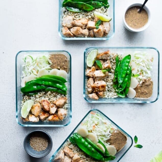 Chicken Satay Meal Prep Bowls - These meal prep bowls are a healthy, gluten free make-ahead meal that's perfect for work days! They're protein packed and lower carb to keep you full! | Foodfaithfitness.com | @FoodFaithFit
